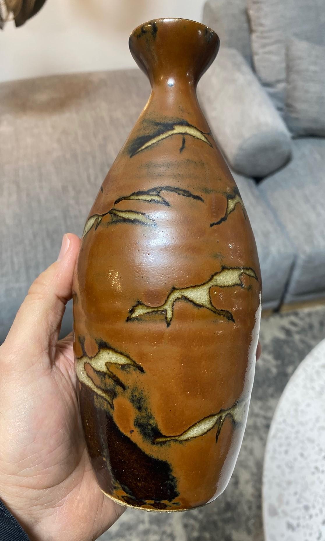 Shoji Hamada Mingei Kakiyu Kaki Persimmon Glaze Vase Original Signed Sealed Box For Sale 5