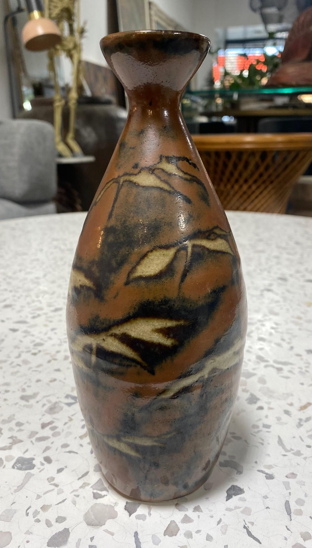 Showa Shoji Hamada Mingei Kakiyu Kaki Persimmon Glaze Vase Original Signed Sealed Box For Sale