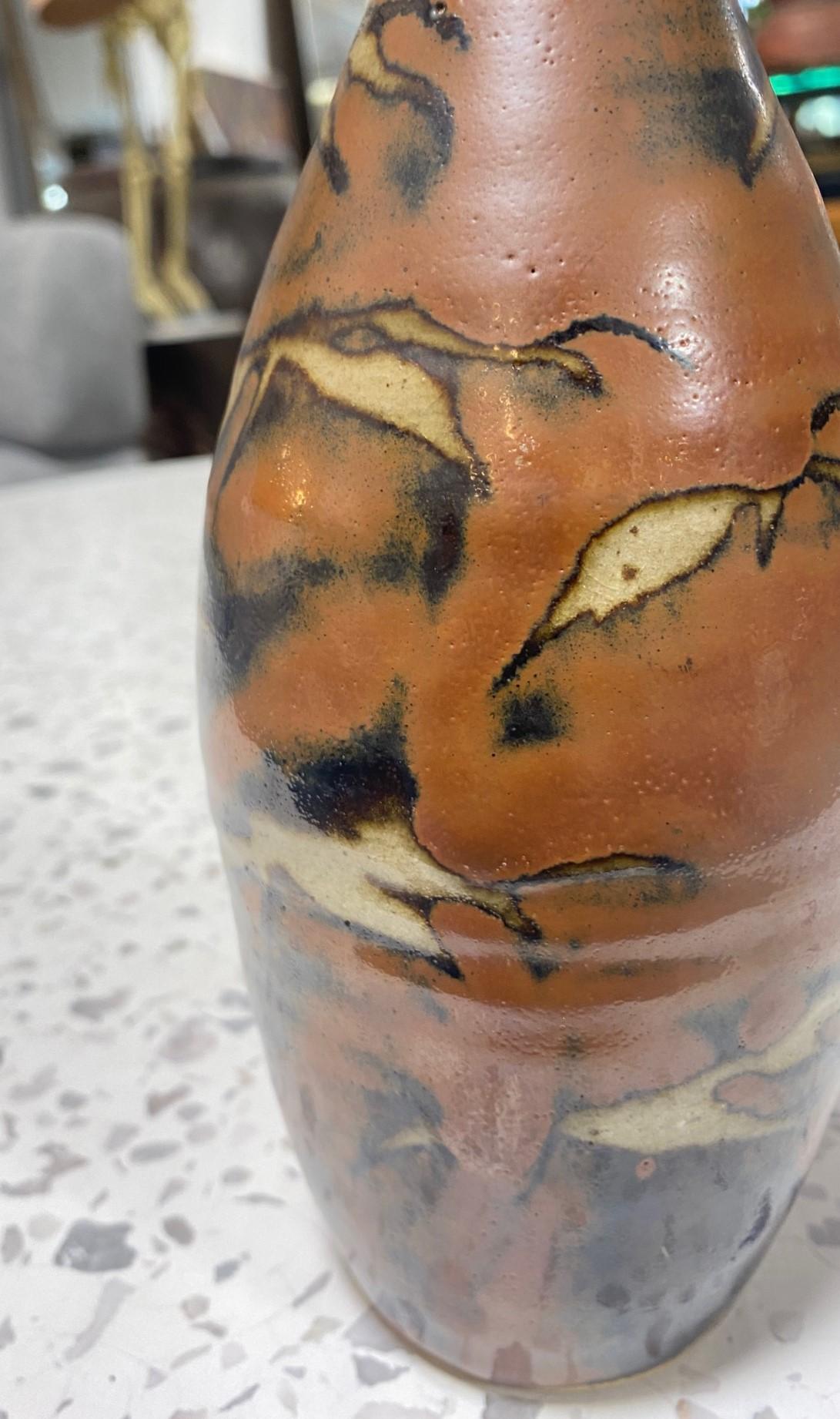 Glazed Shoji Hamada Mingei Kakiyu Kaki Persimmon Glaze Vase Original Signed Sealed Box For Sale
