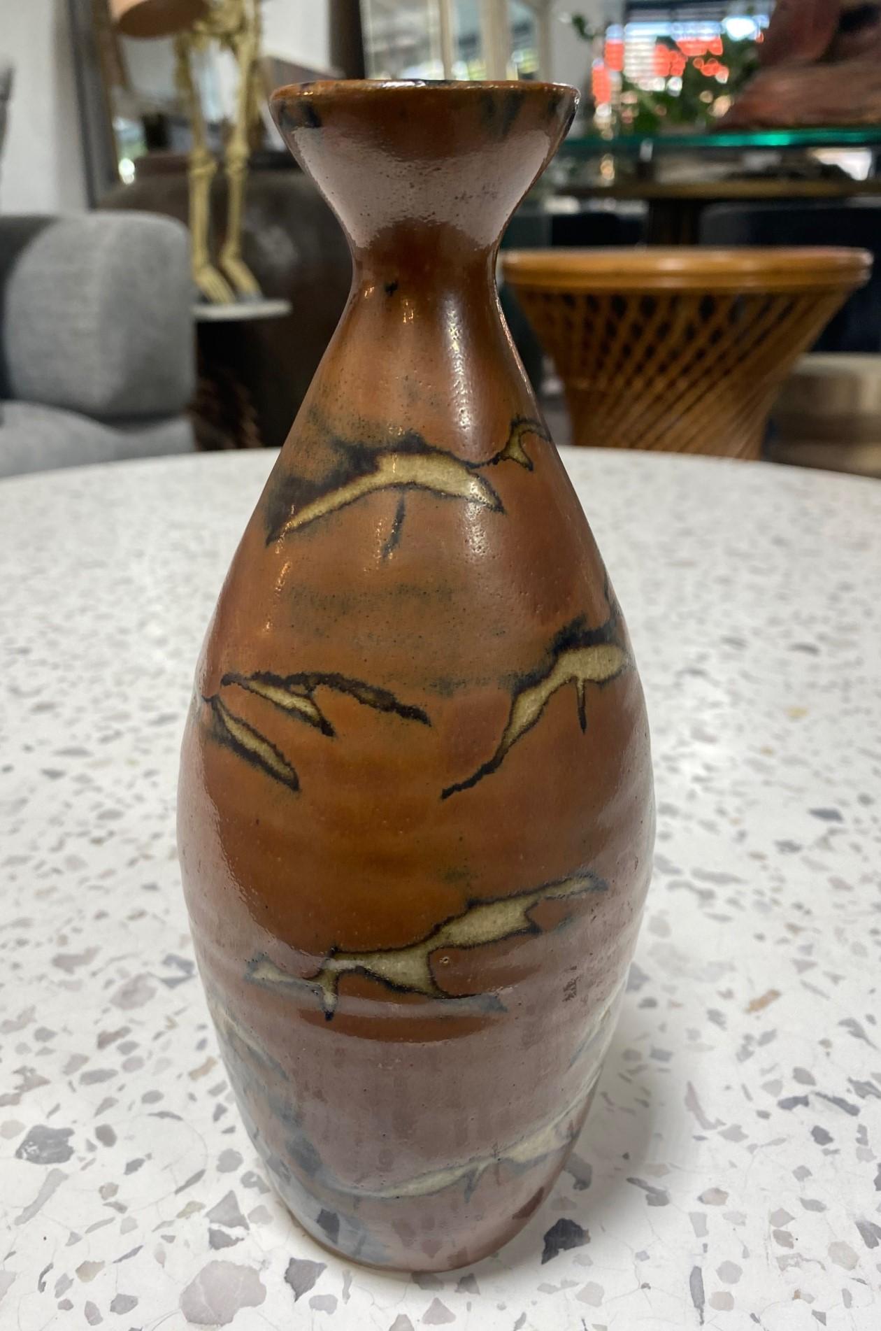 20th Century Shoji Hamada Mingei Kakiyu Kaki Persimmon Glaze Vase Original Signed Sealed Box For Sale