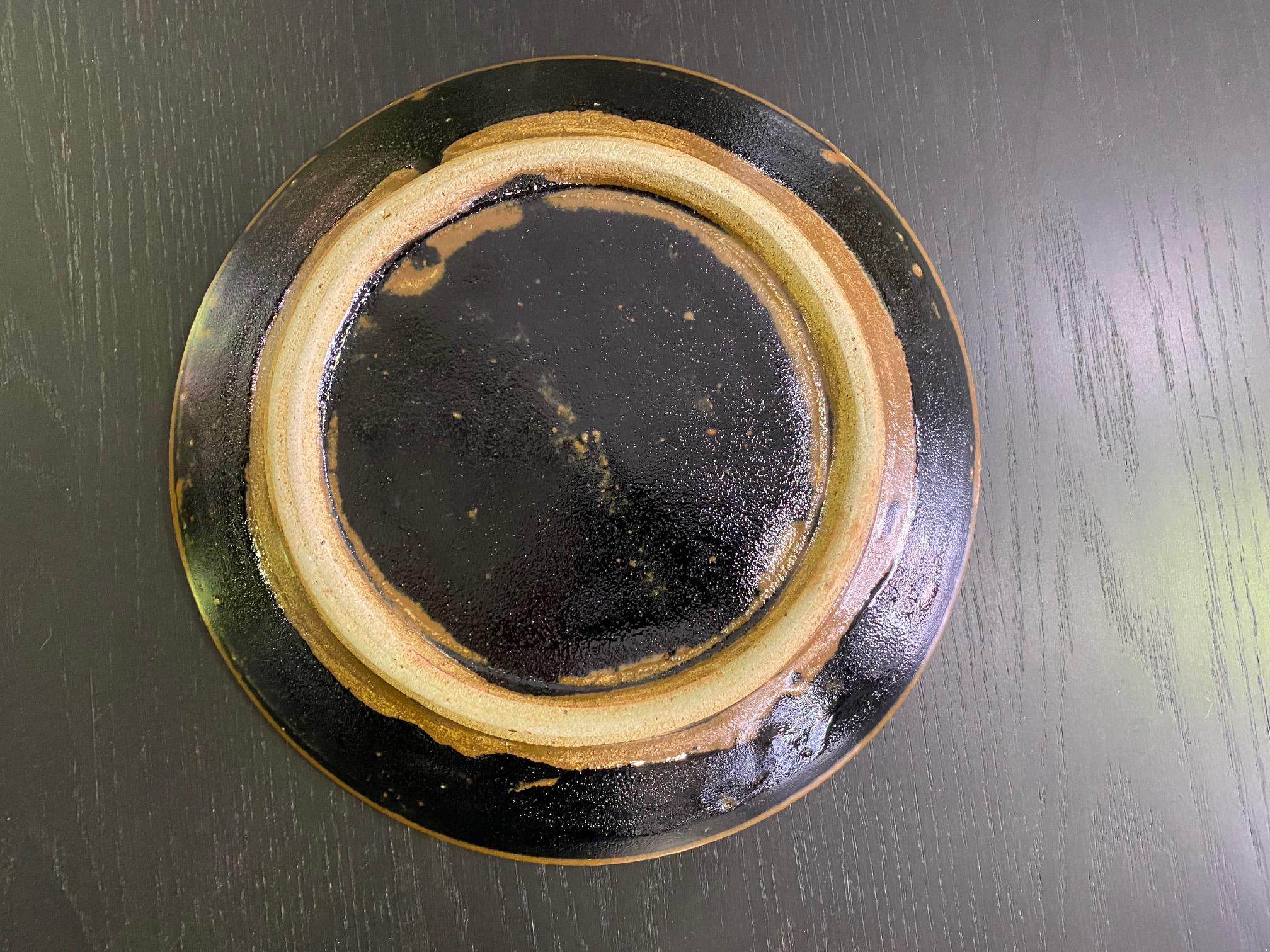 Stoneware Shoji Hamada Mingei Mashiko Pottery Large Black Glaze Plate Bowl with Noted Box