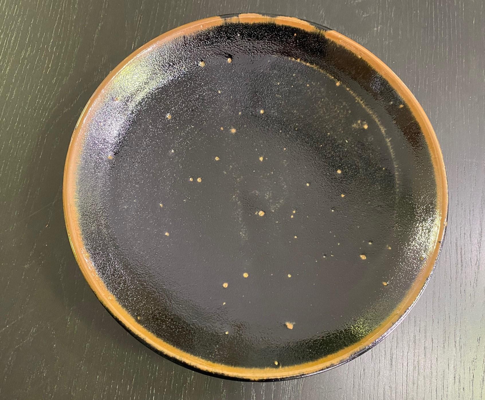 Showa Shoji Hamada Mingei Mashiko Pottery Large Black Glaze Plate Bowl with Noted Box
