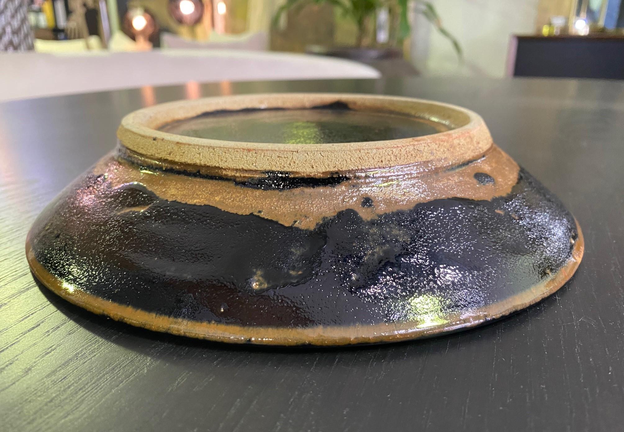 Shoji Hamada Mingei Mashiko Pottery Large Black Glaze Plate Bowl with Noted Box In Good Condition In Studio City, CA