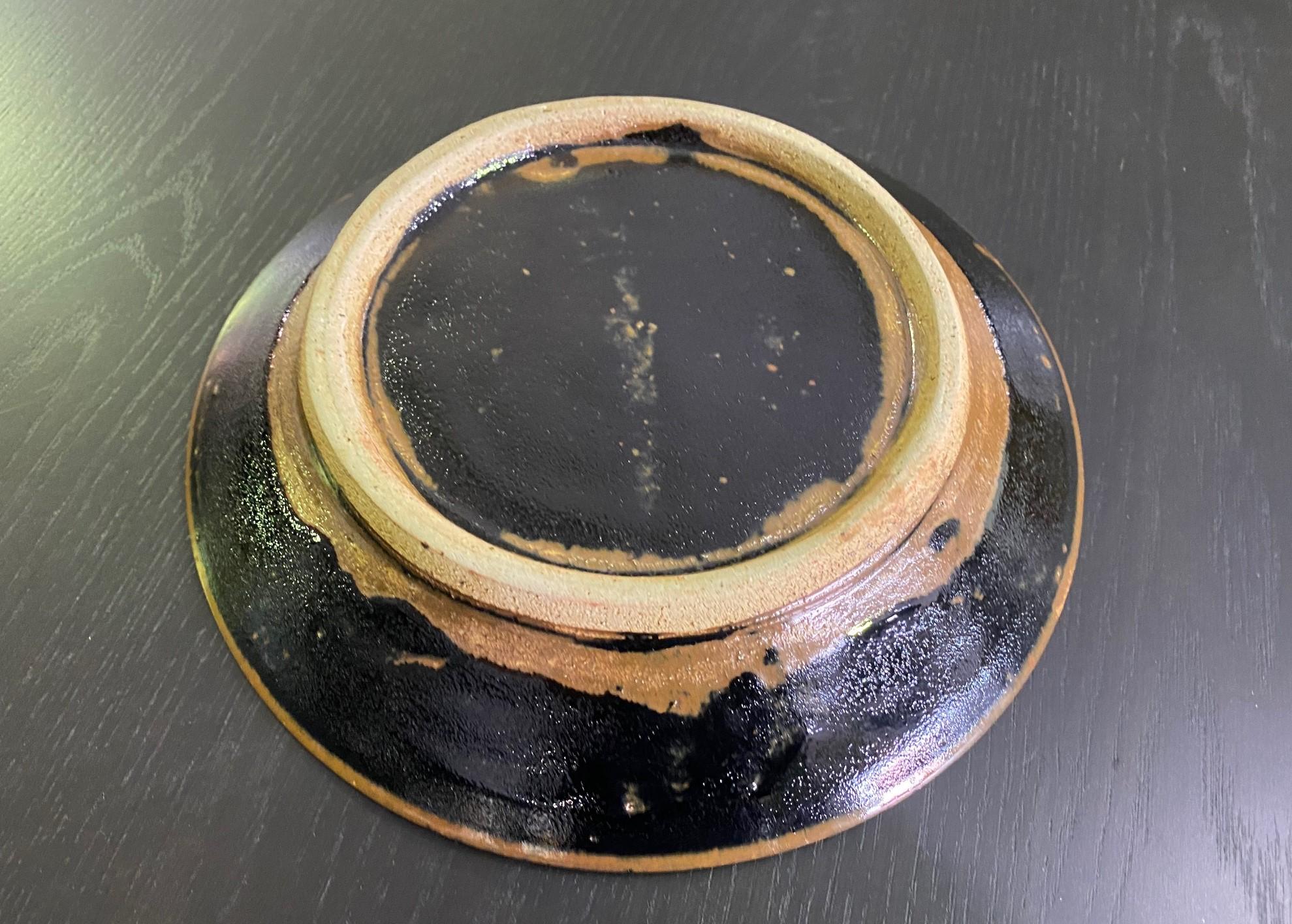 Mid-20th Century Shoji Hamada Mingei Mashiko Pottery Large Black Glaze Plate Bowl with Noted Box