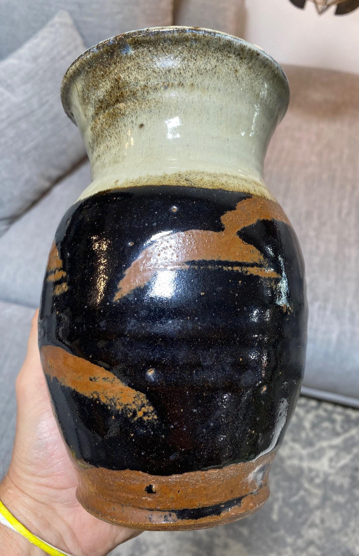 Shoji Hamada Tenmoku Kaki And Nuka Glaze Vase With Original Signed Branded Box For Sale 3