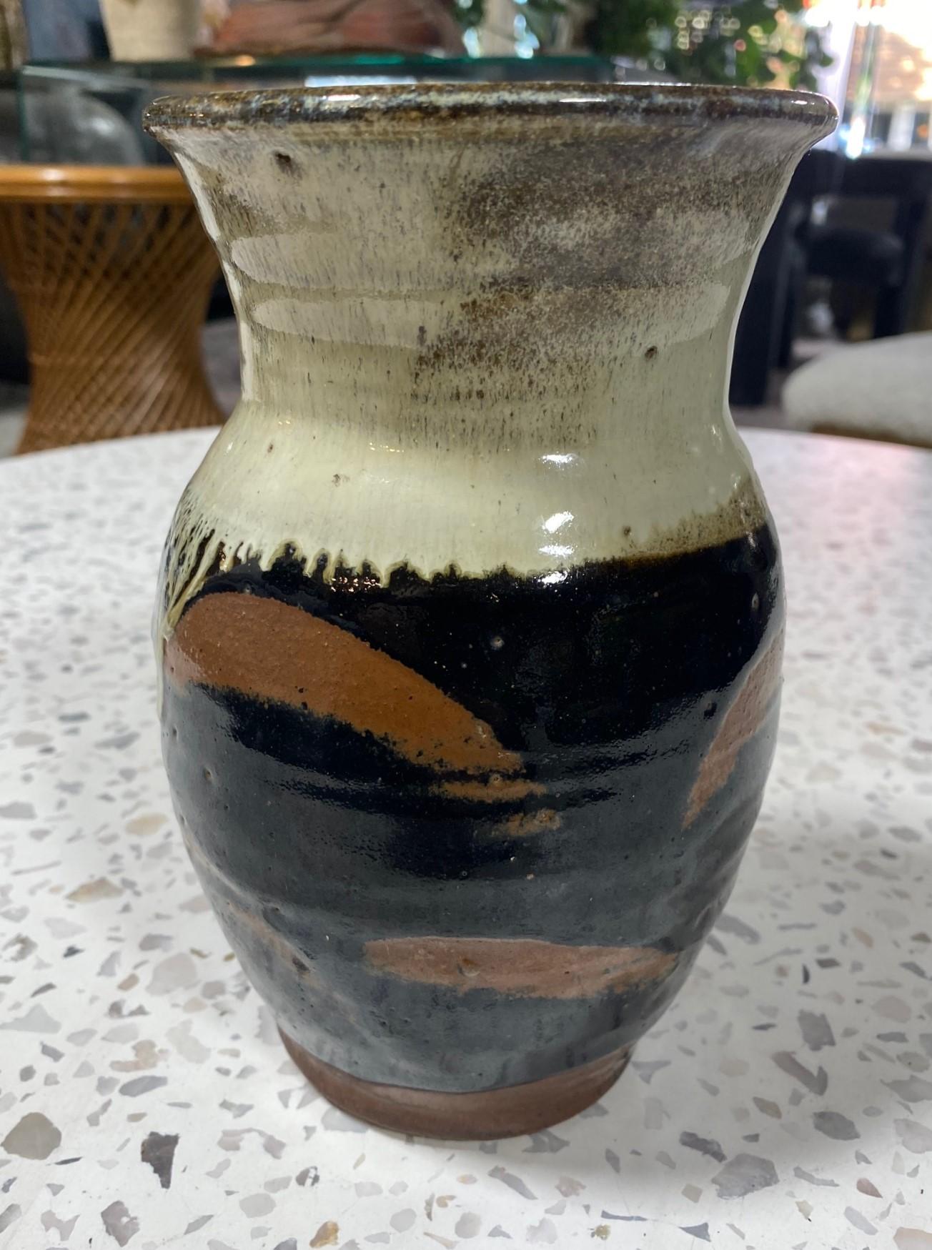 Japanese Shoji Hamada Tenmoku Kaki And Nuka Glaze Vase With Original Signed Branded Box For Sale