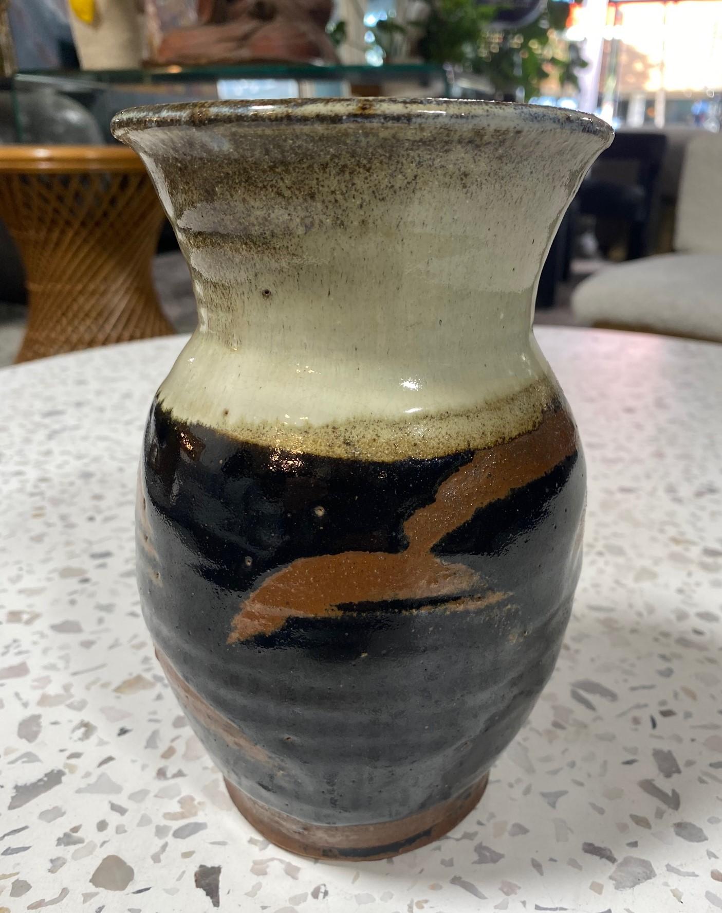 Glazed Shoji Hamada Tenmoku Kaki And Nuka Glaze Vase With Original Signed Branded Box For Sale