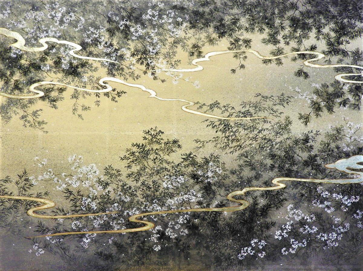 Shoko Okumura Landscape Painting - "Eastern Wind over Cherry Blossoms" landscape silver gold leaf paper hope floral