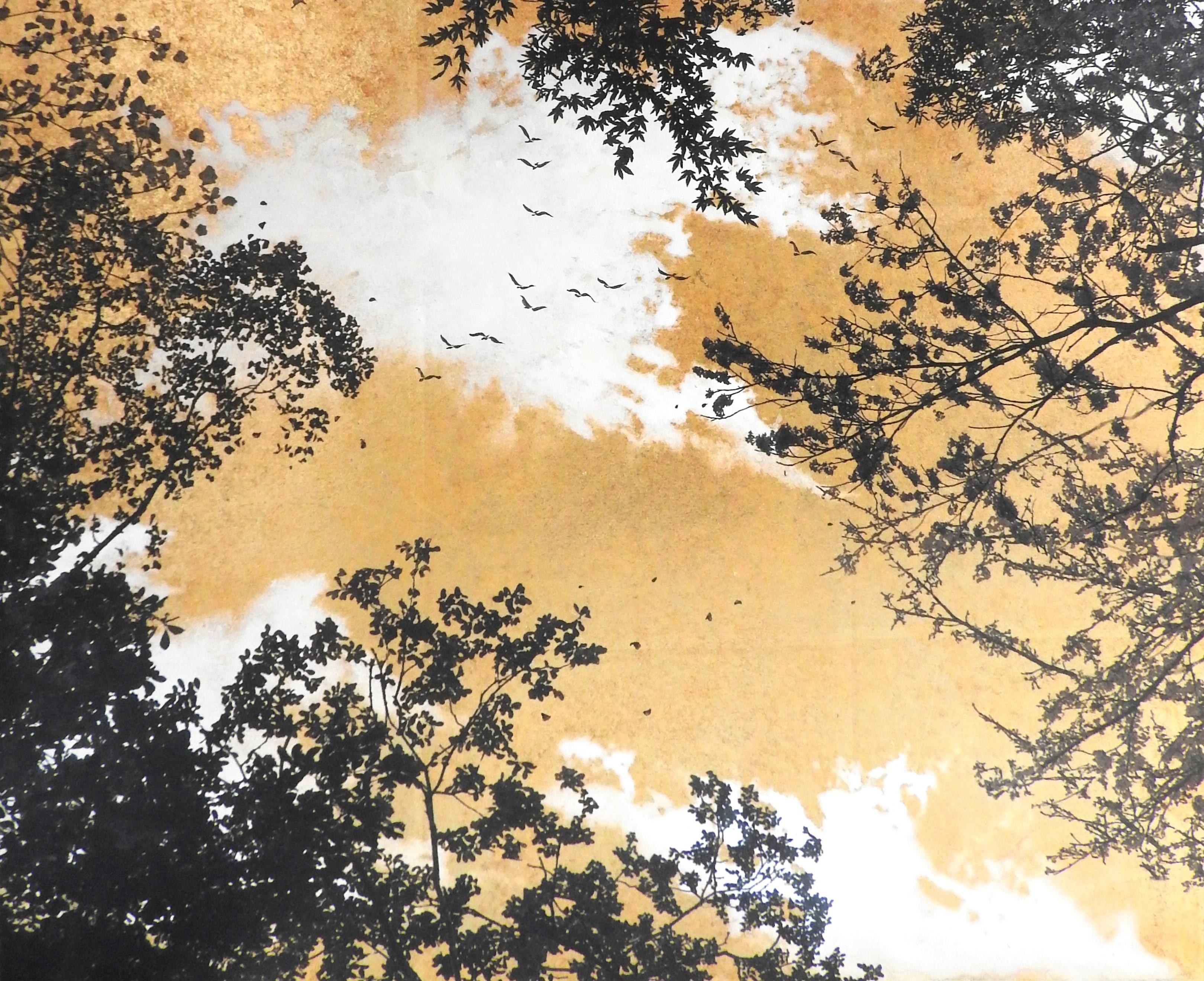 Empatia verso le cose n. 6  paesaggio foglia d'oro pigmento su carta nuvole natura 1