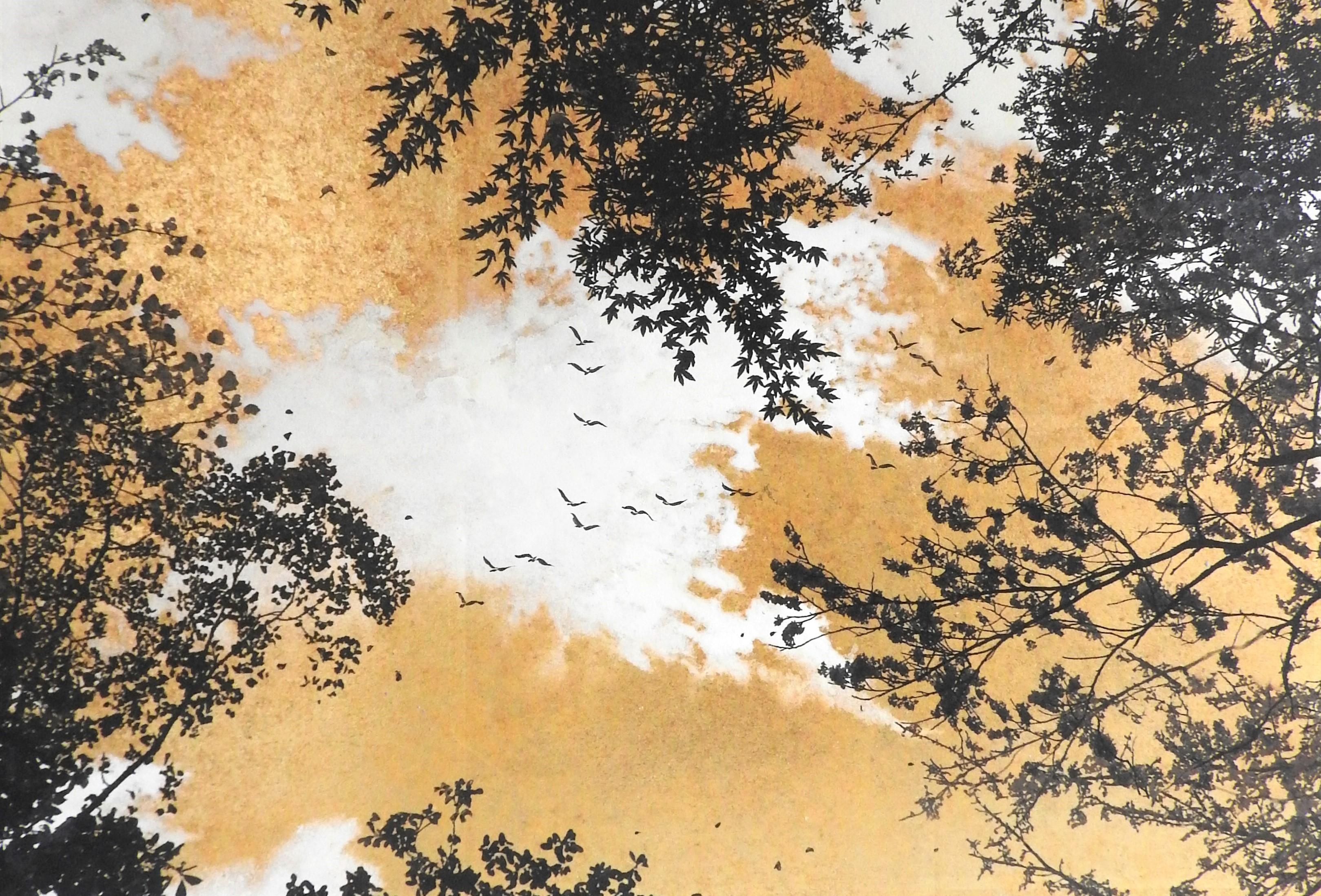Empatia verso le cose n. 6  paesaggio foglia d'oro pigmento su carta nuvole natura 2