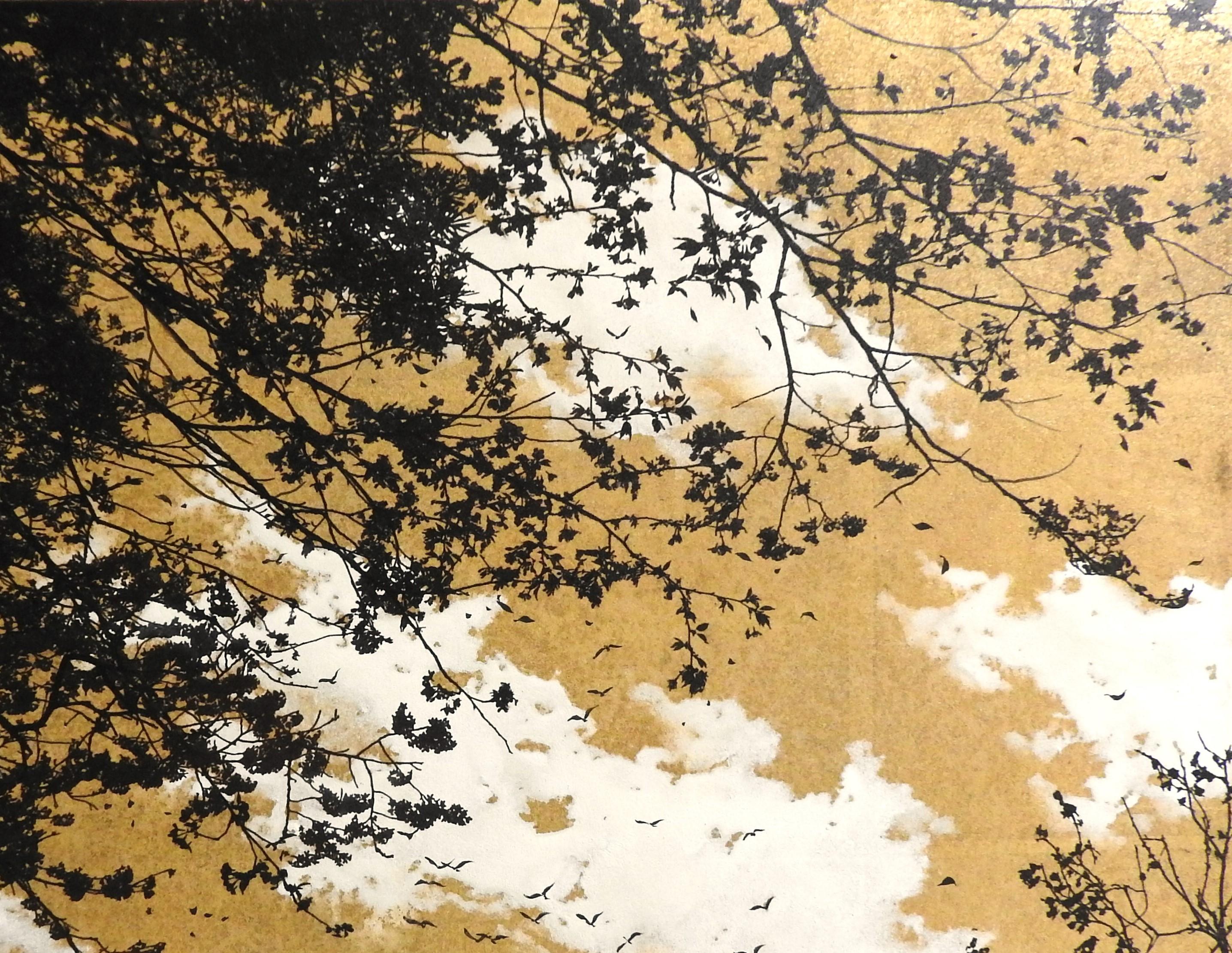 Empathy Towards Things No 8  landscape gold leaf pigment on paper clouds nature - Painting by Shoko Okumura