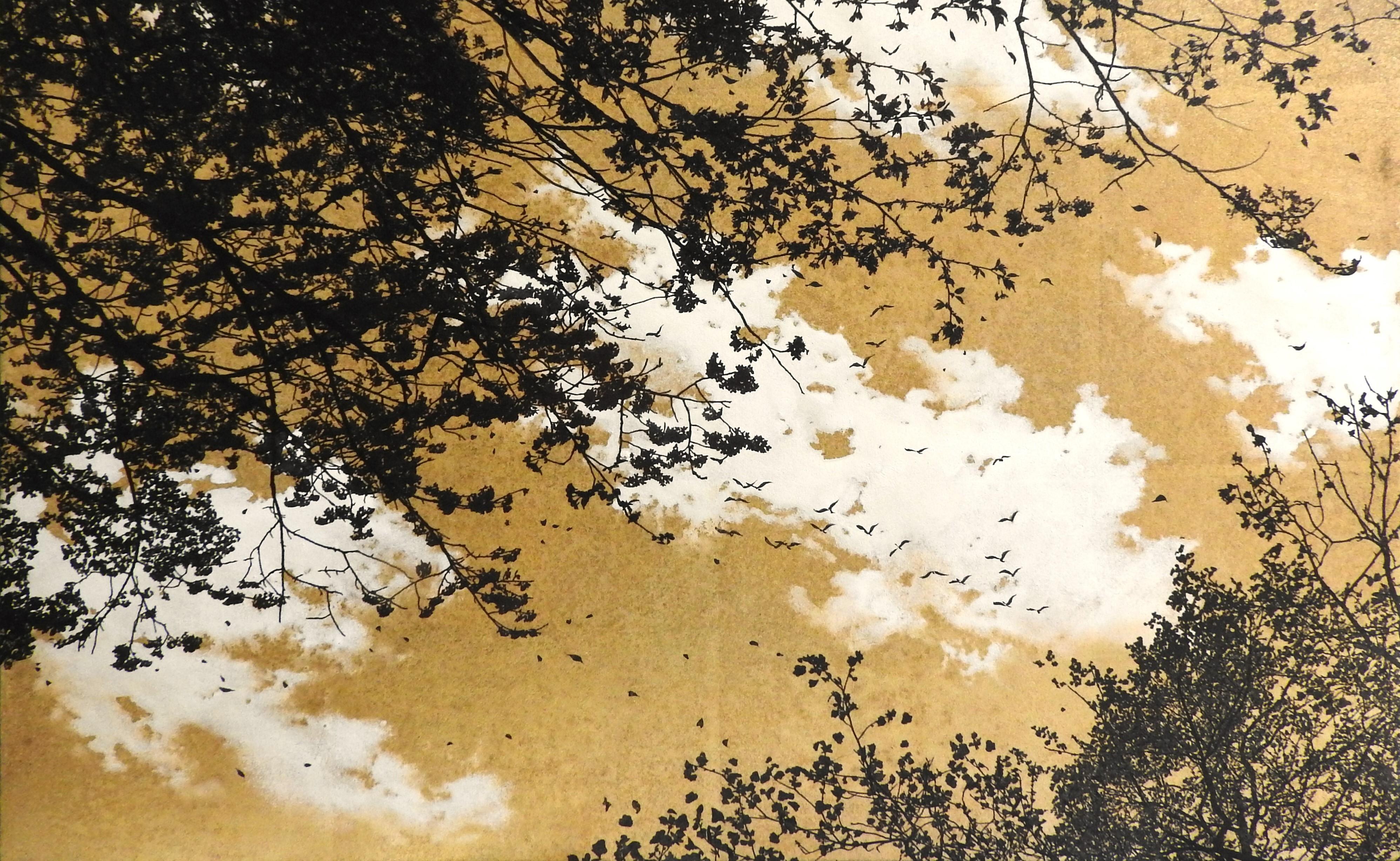 Empathy Towards Things No 8  landscape gold leaf pigment on paper clouds nature - Contemporary Painting by Shoko Okumura