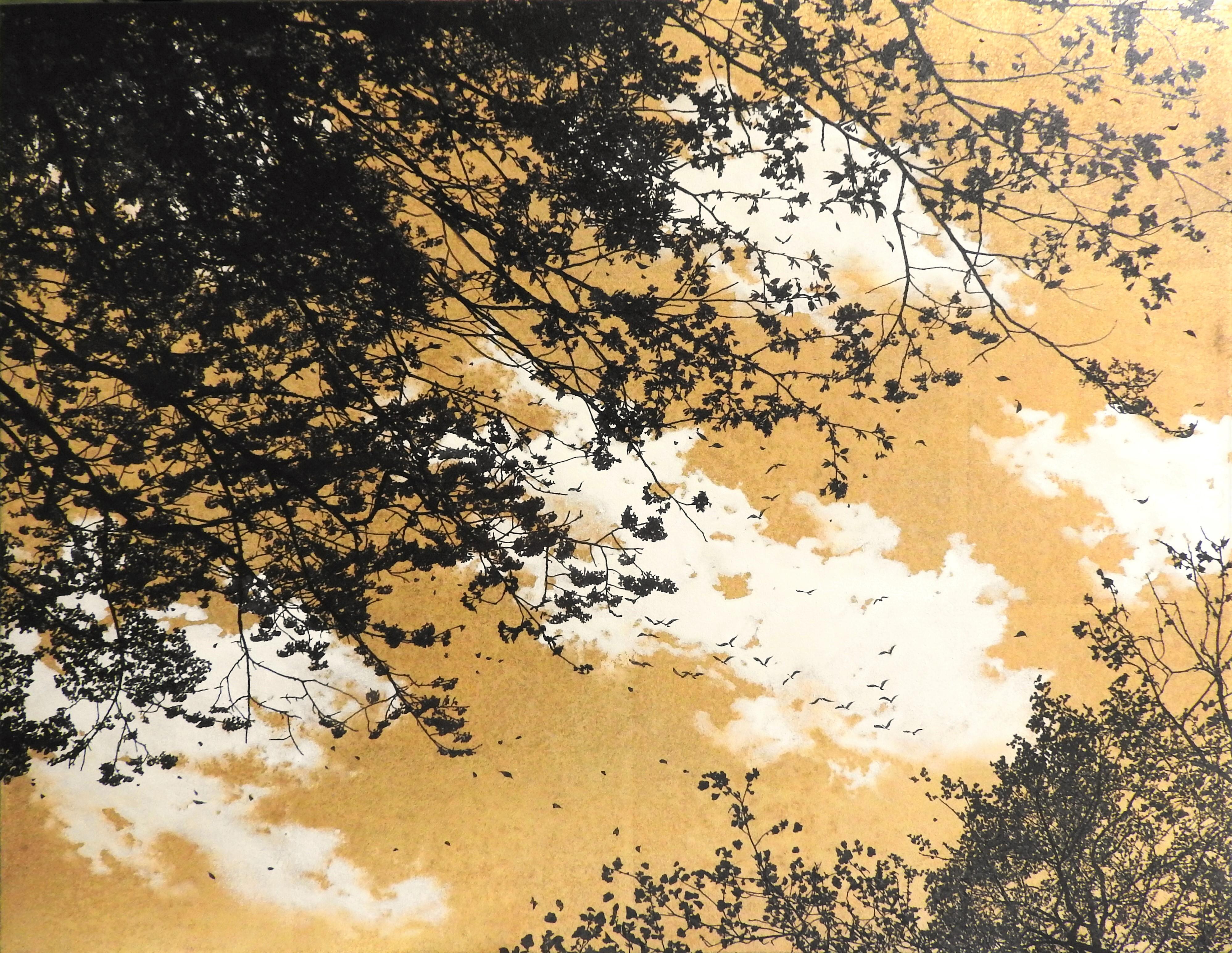 Shoko Okumura Landscape Painting - Empathy Towards Things No 8  landscape gold leaf pigment on paper clouds nature