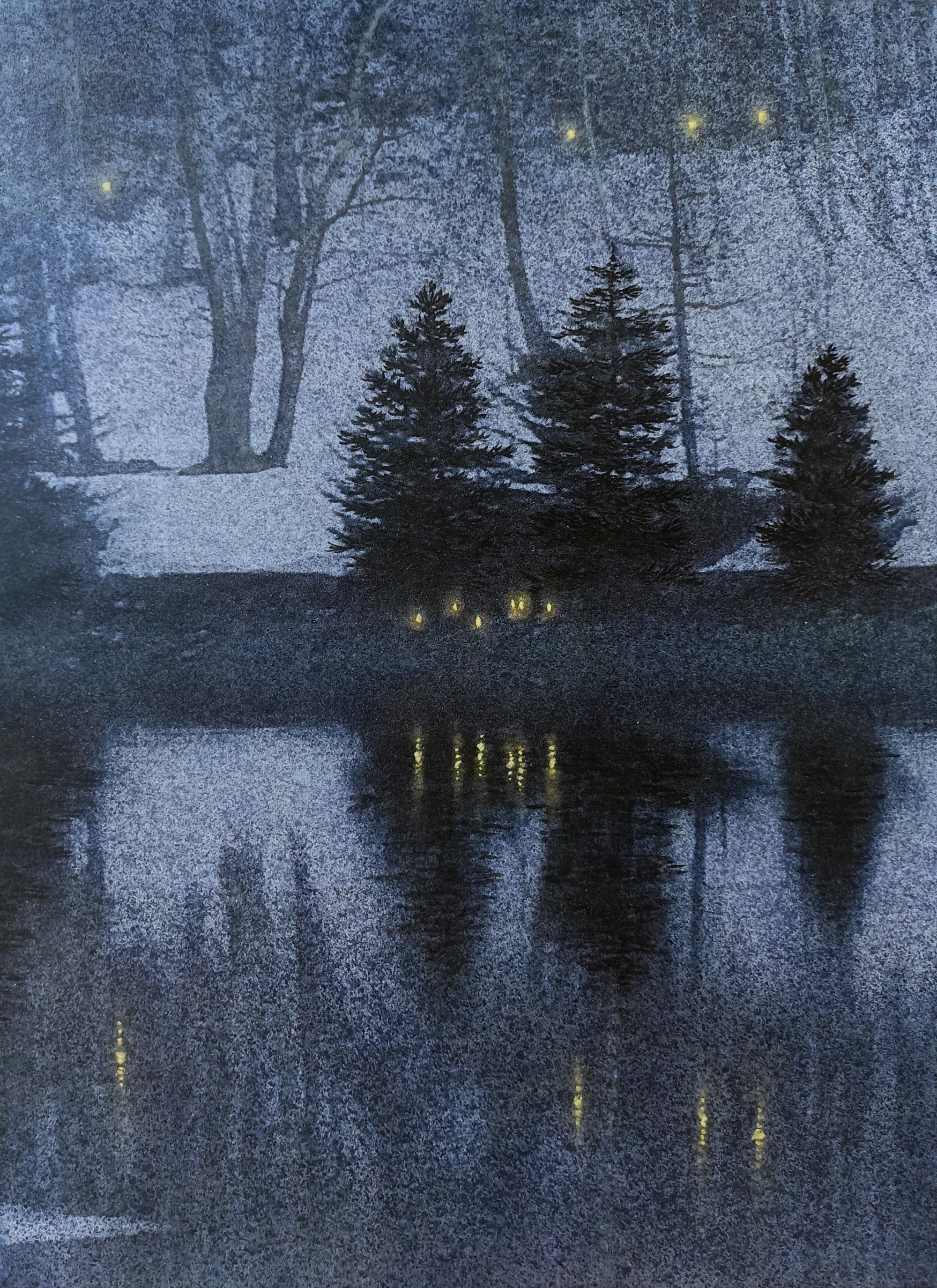Shoko Okumura Landscape Painting - "Nightfall No.4" landscape nature mineral pigments silver leaf tranquility peace