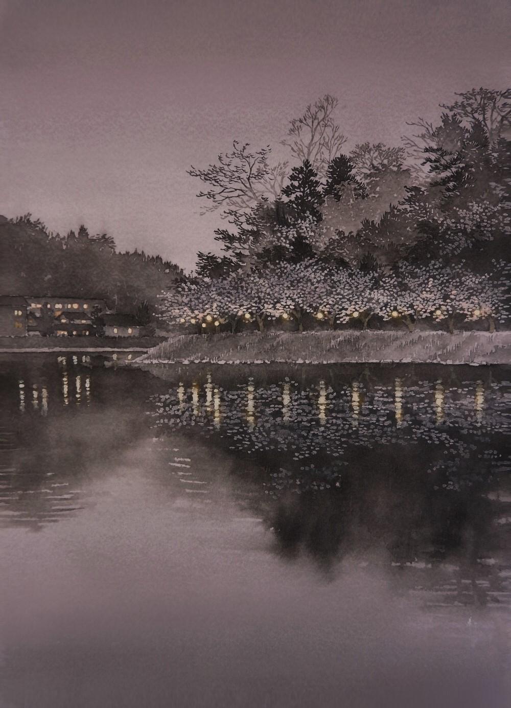 Shoko Okumura Landscape Painting - "The Shades of Night II" landscape nature mineral pigment on silk nightscape