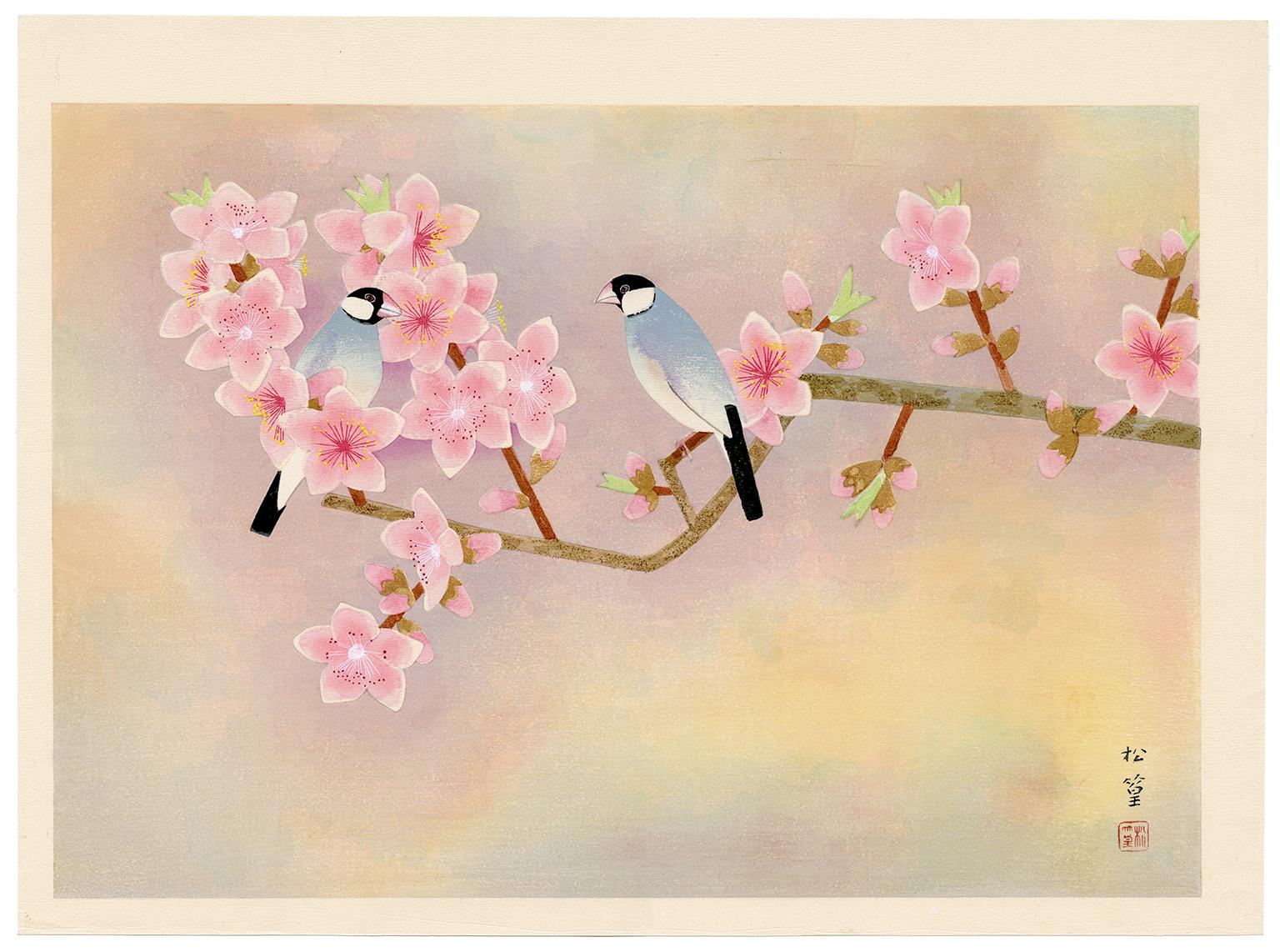 Shoko Uemura Animal Print - Inside the Flowers (Java Sparrow and Peach Blossoms) — Japanese Woodblock, 1950