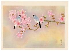 Dentro i fiori (Passero di Giava e fiori di pesco) - Woodblock giapponese, 1950