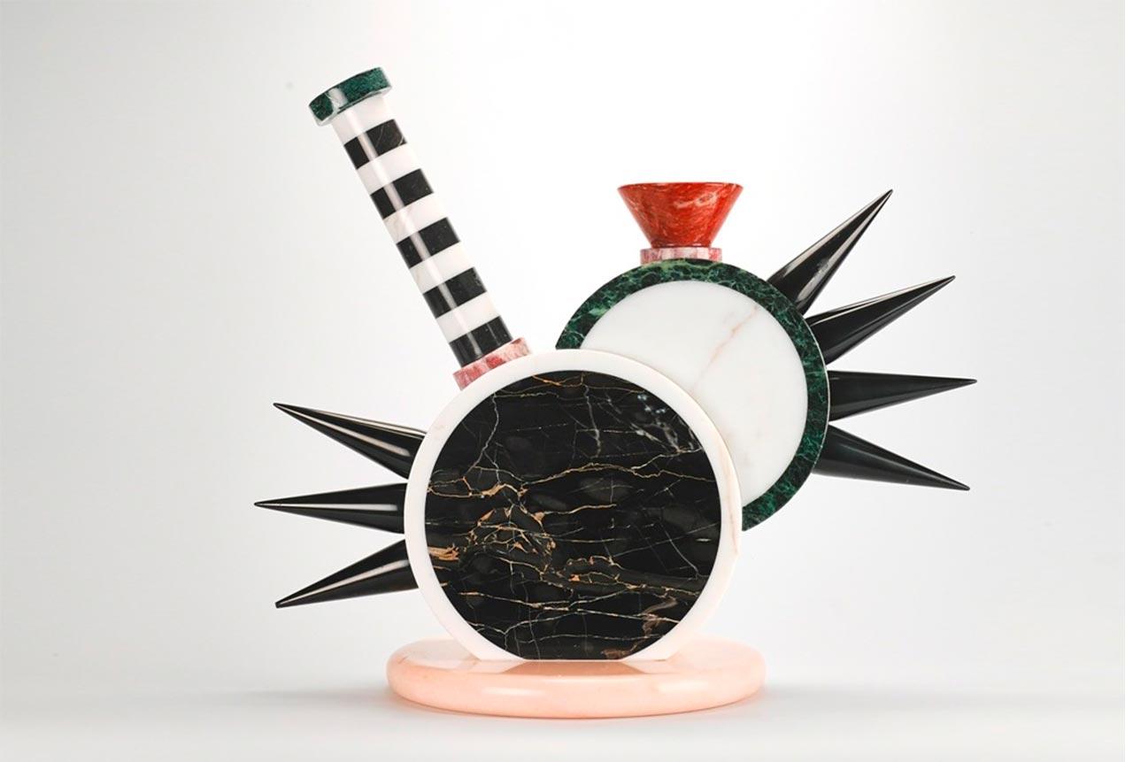 'SHOLAPUR' sculptural marble vase / centerpiece
Michele de Lucchi for Up & Up, Carrara Italy, 1985

Postmodern Marble sculpture centerpiece.  Composed of several geometric elements resting on a large marble disc, this abstract sculpture is an iconic