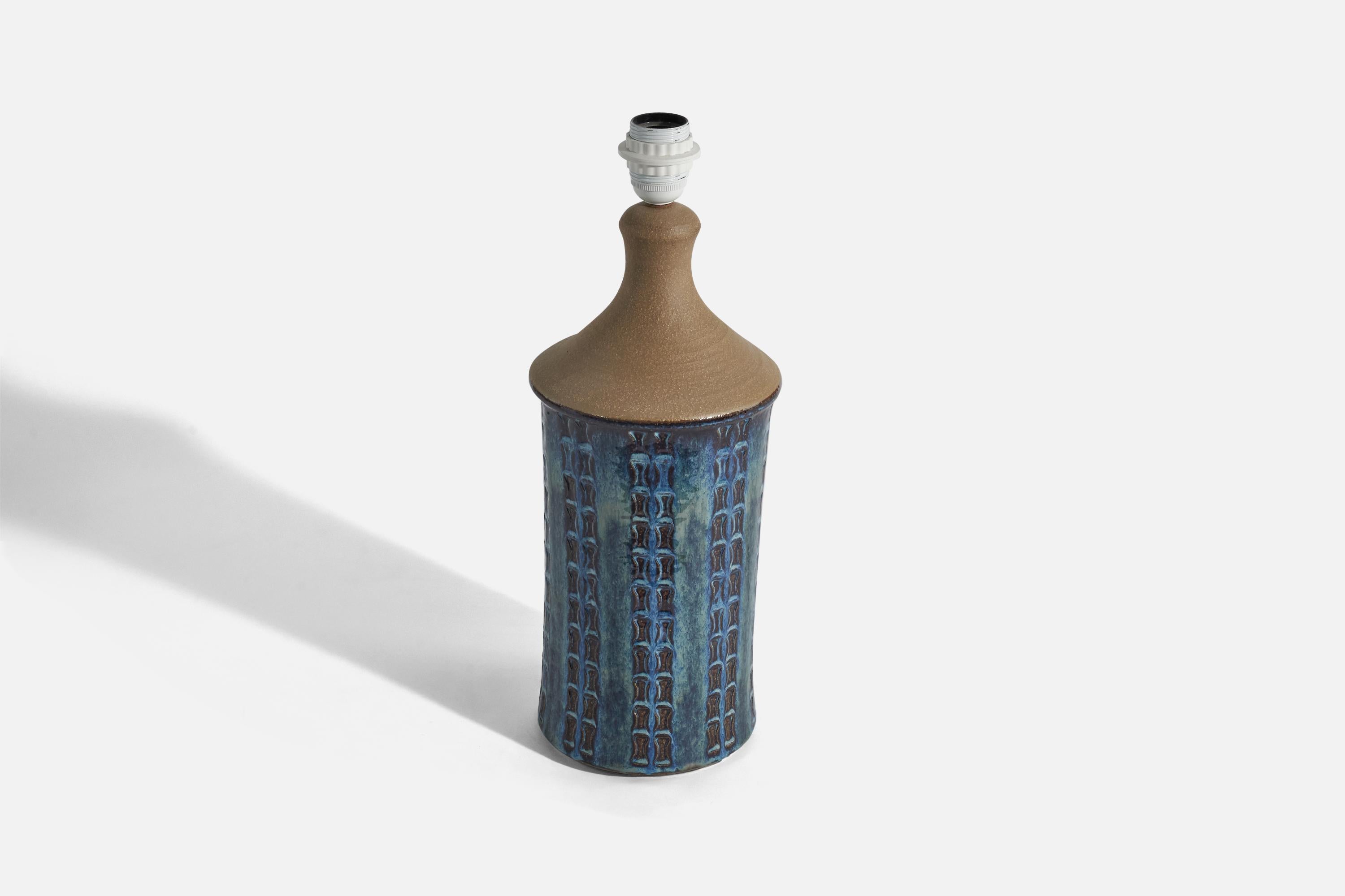 Danish Søholm Stentøj, Table Lamp, Blue-Glazed Stoneware, Bornholm, Denmark, 1960s