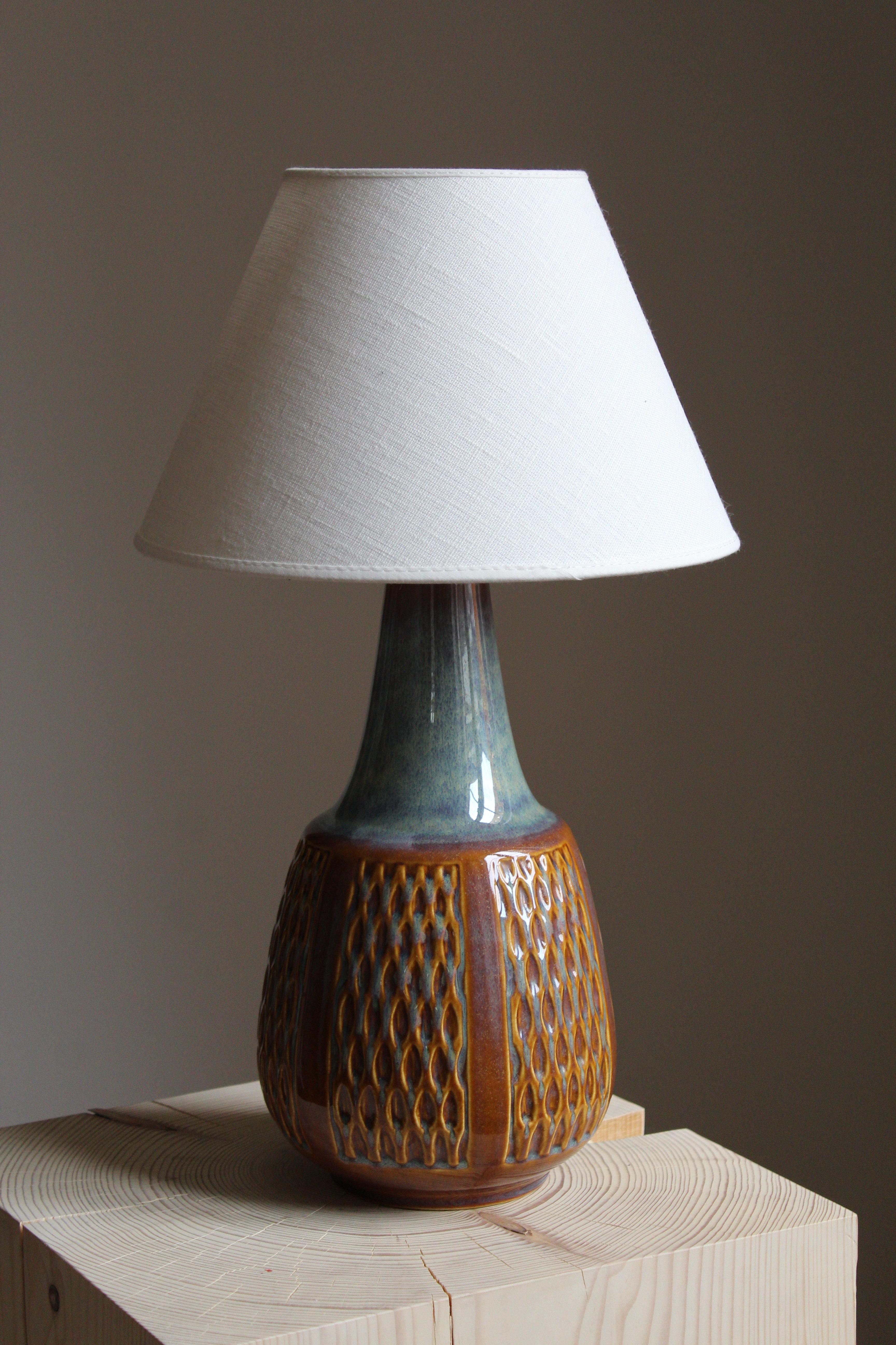 A small table lamp produced by Søholm Keramik, located on the island of Bornholm in Denmark. 

Glaze features blue-violet-brown colors.

 Sold without lampshade, stated dimensions excluding lampshade.