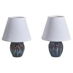 Søholm Stentøj, Small Table Lamps, Blue Glazed Stoneware, Bornholm Denmark 1960s