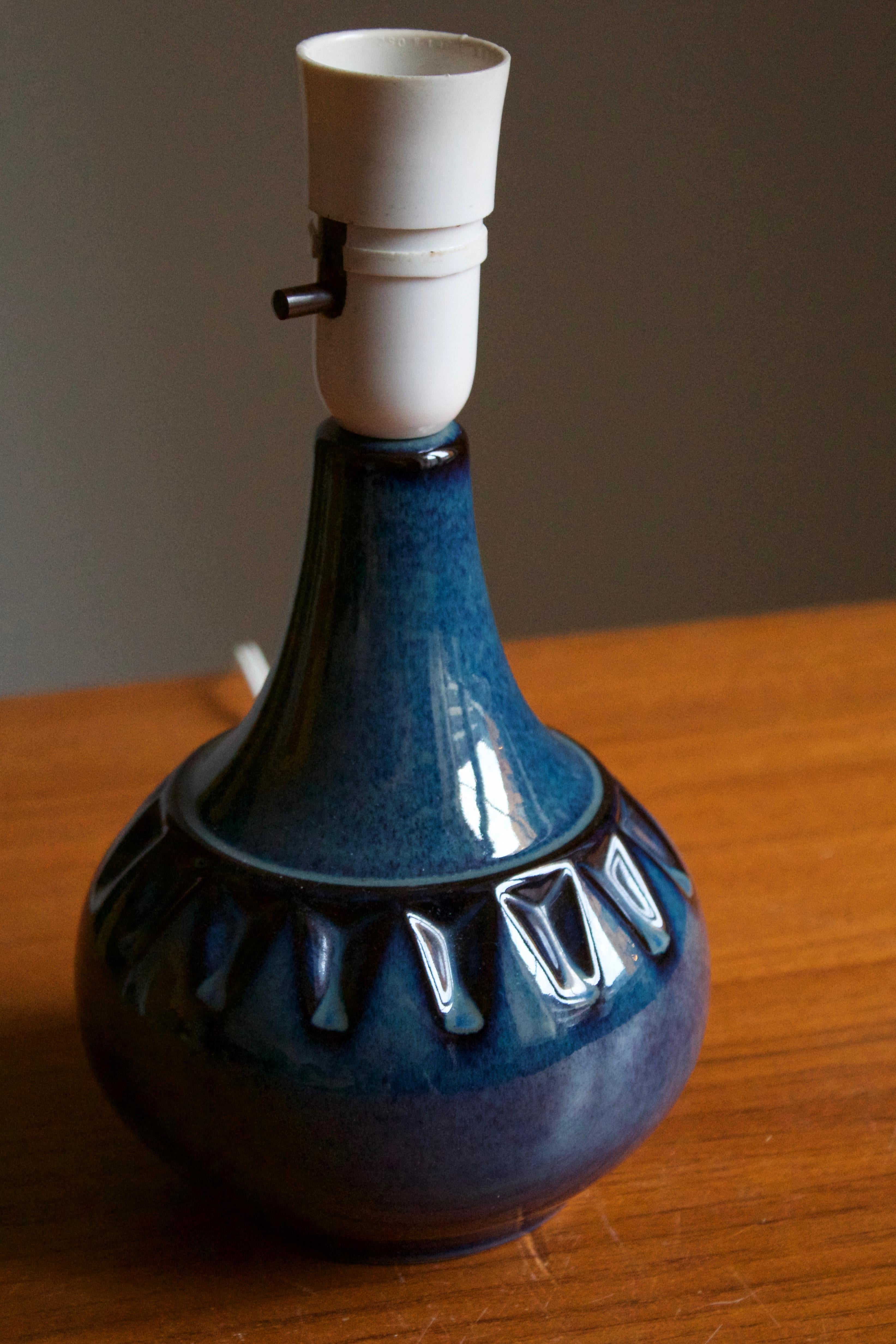 Danish Søholm Stentøj, Table Lamp, Blue Glazed Stoneware, Bornholm, Denmark, 1960s