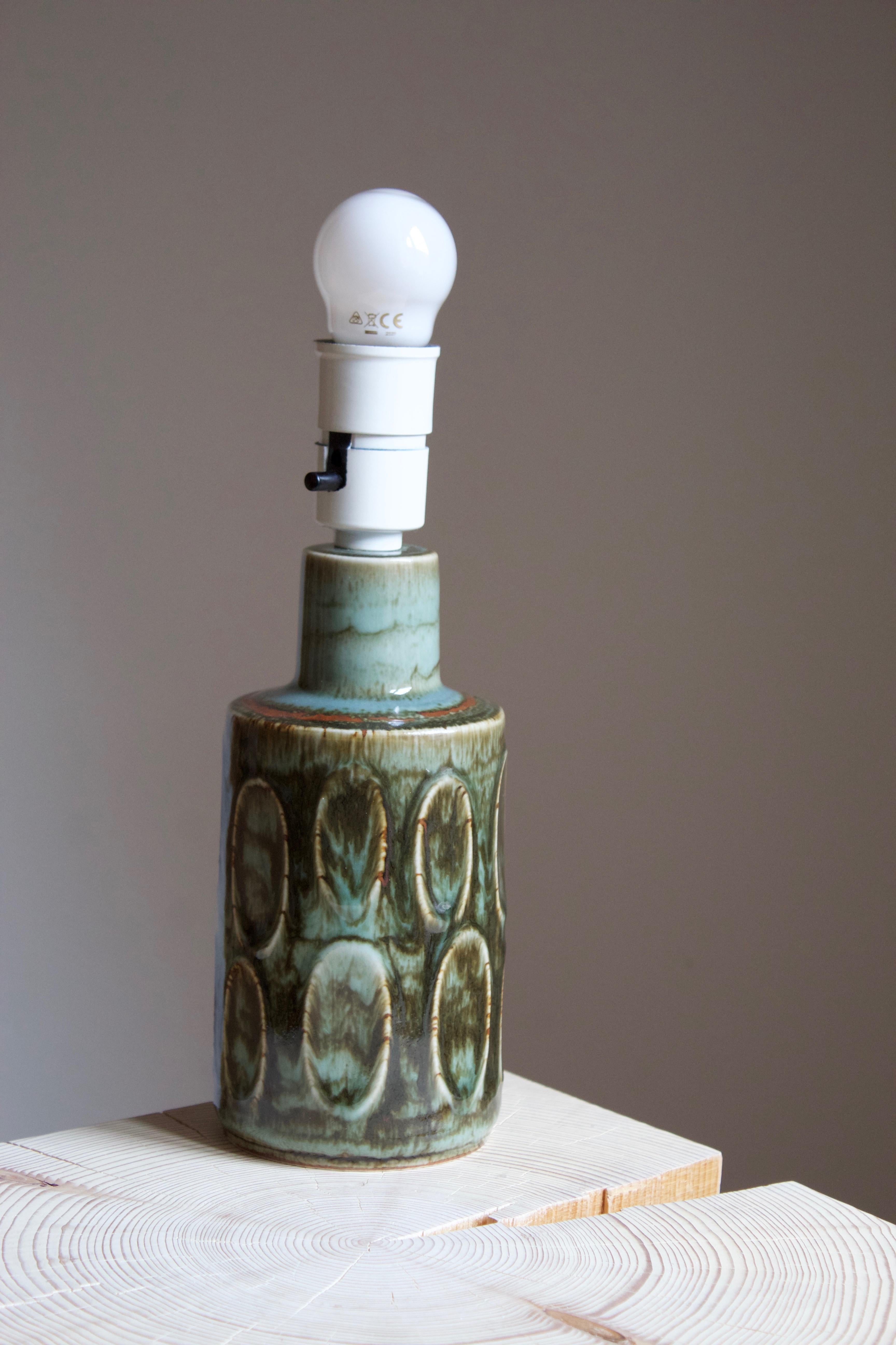 Danish Søholm Stentøj, Table Lamp, Glazed Incised Stoneware, Bornholm, Denmark, 1960s