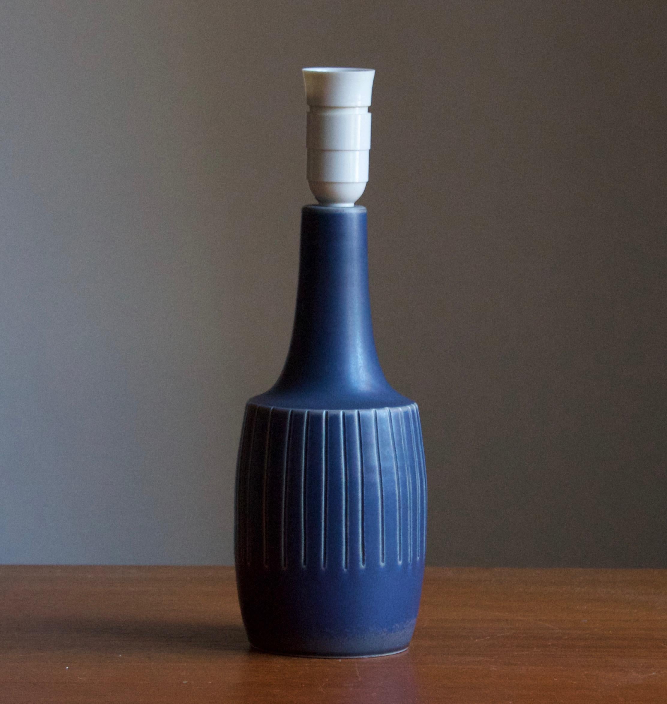 Mid-Century Modern Søholm Stentøj, Table Lamp, Incised Blue Stoneware, Bornholm, Denmark, 1960s