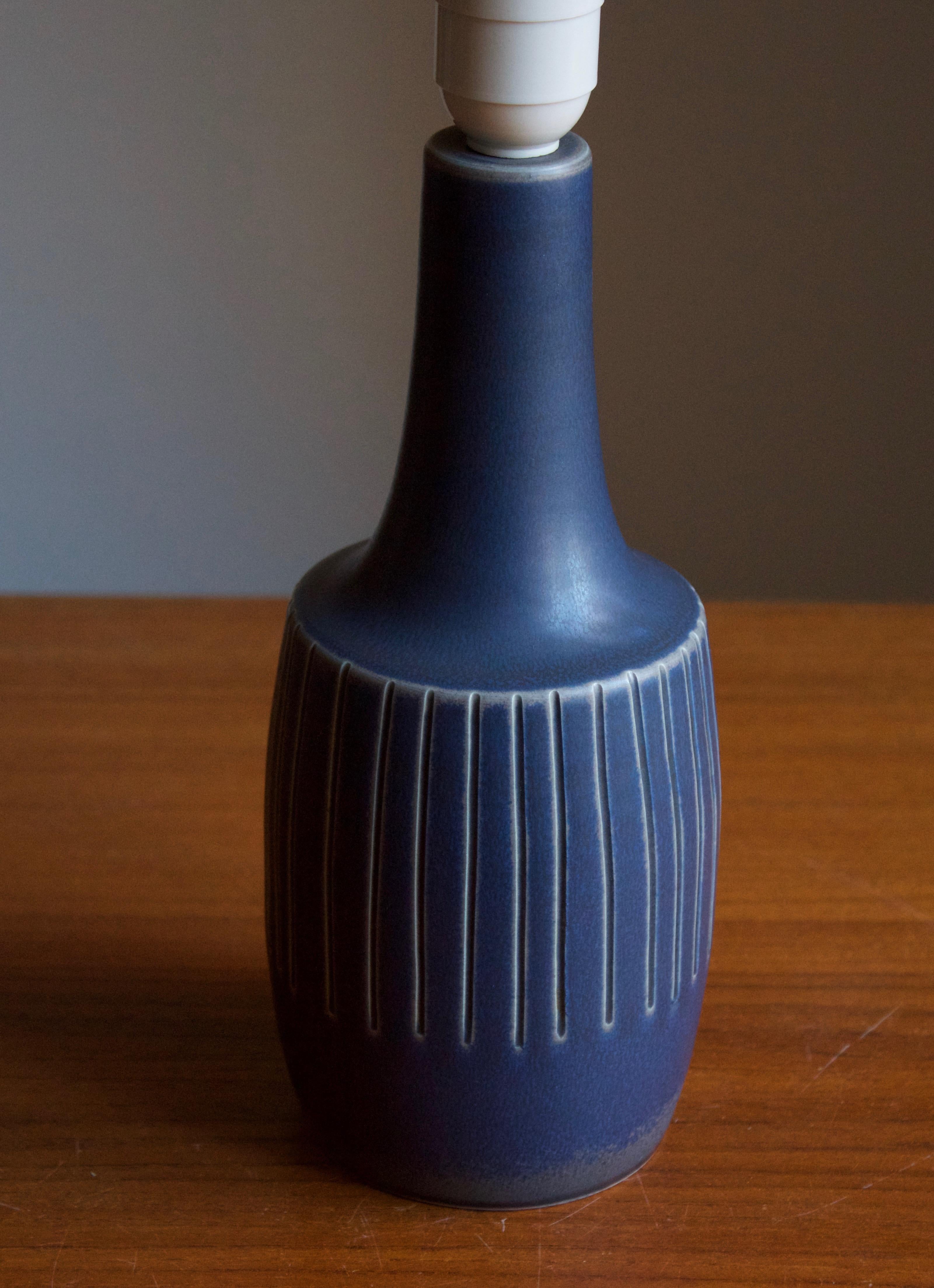 Danish Søholm Stentøj, Table Lamp, Incised Blue Stoneware, Bornholm, Denmark, 1960s