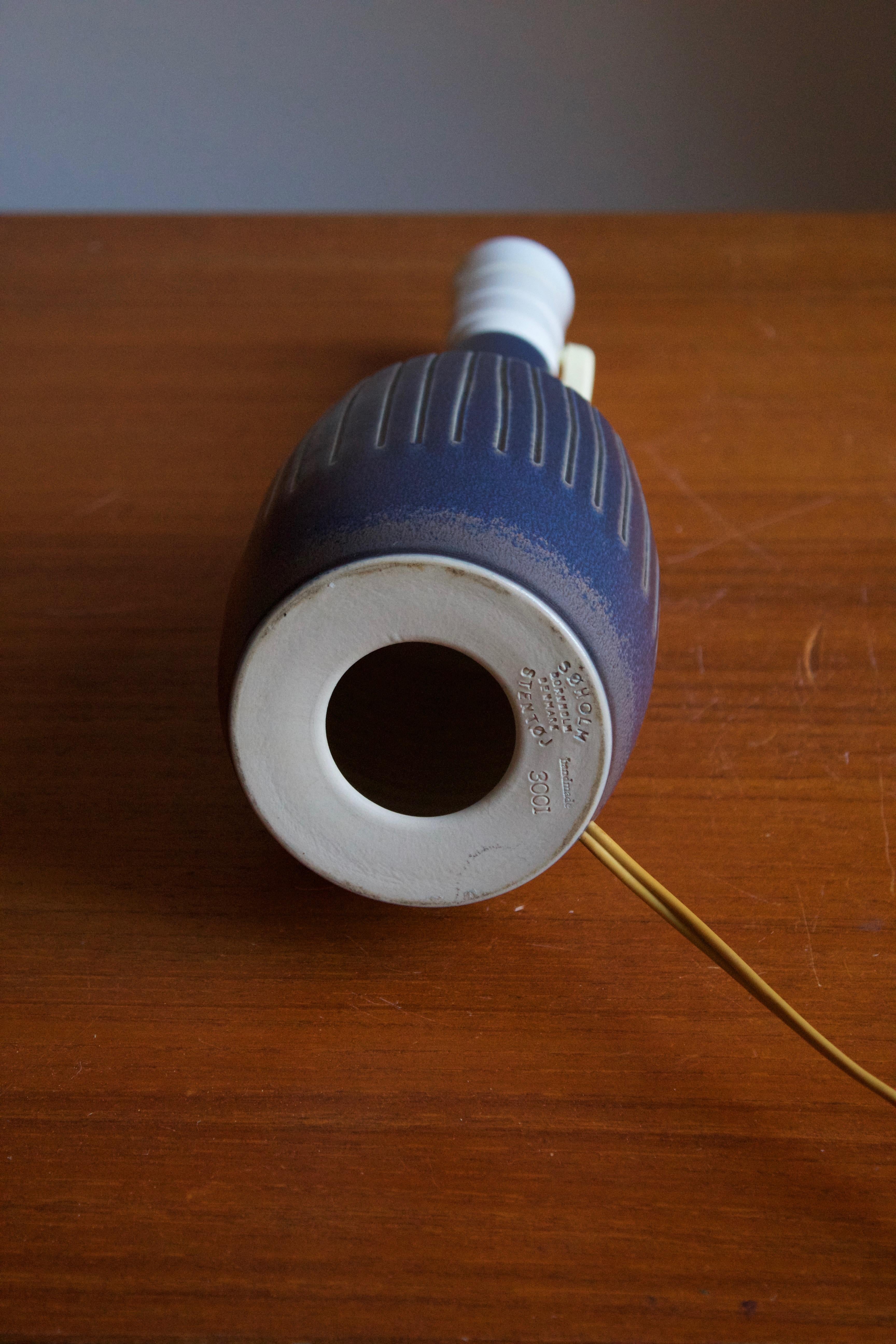 Mid-20th Century Søholm Stentøj, Table Lamp, Incised Blue Stoneware, Bornholm, Denmark, 1960s