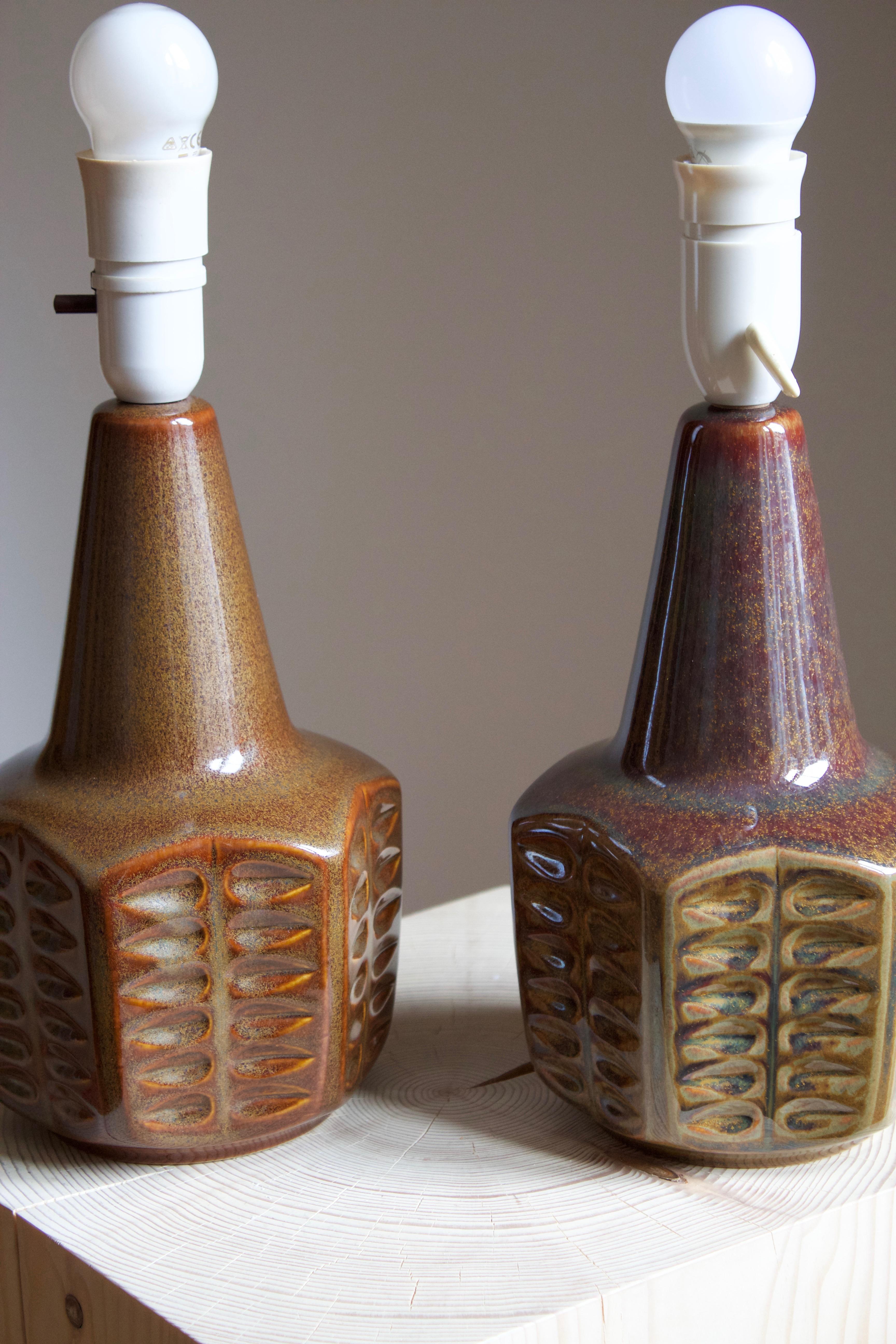 Danish Søholm Stentøj, Table Lamps, Glazed Incised Stoneware, Bornholm, Denmark, 1960s