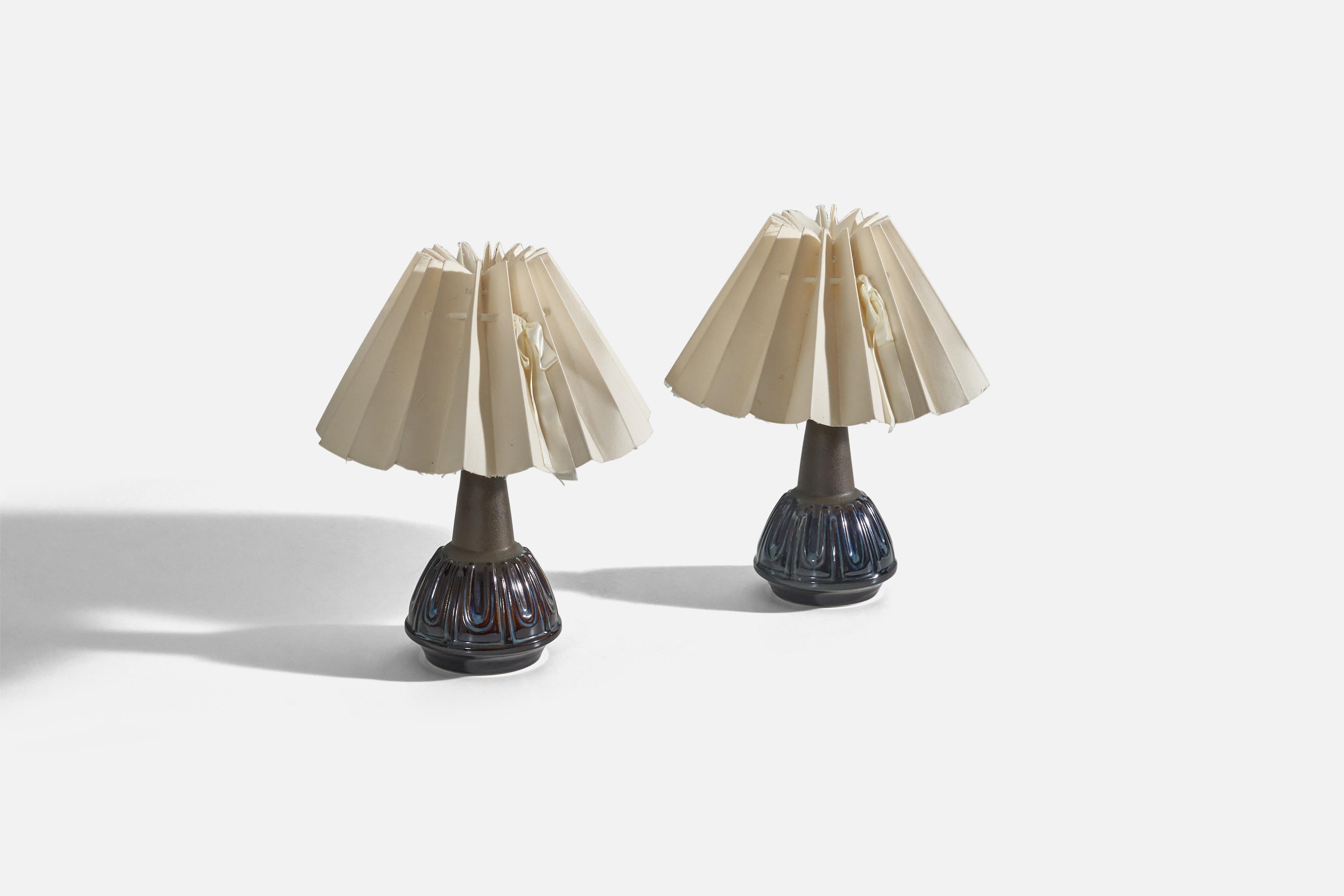 Mid-Century Modern Søholm Stentøj, Table Lamps, Glazed Stoneware, Fabric, Bornholm, Denmark, 1960s For Sale