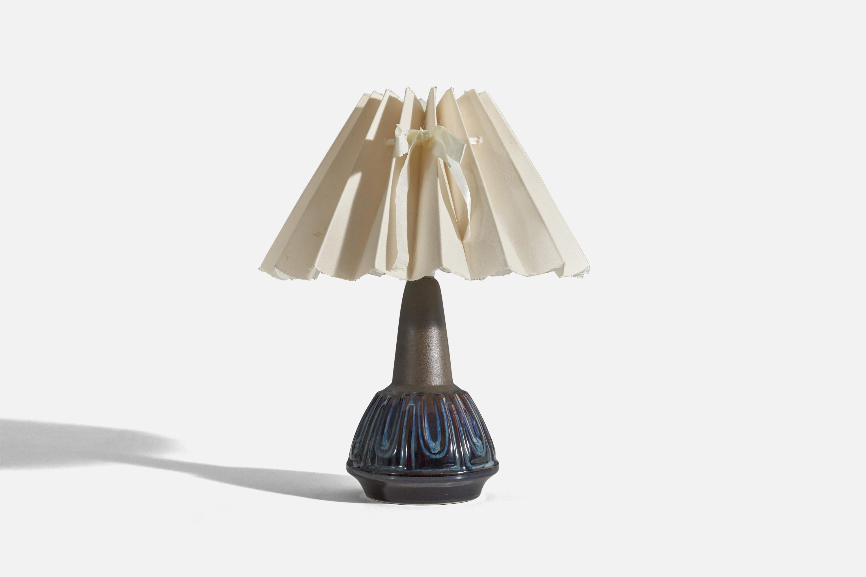 Danish Søholm Stentøj, Table Lamps, Glazed Stoneware, Fabric, Bornholm, Denmark, 1960s
