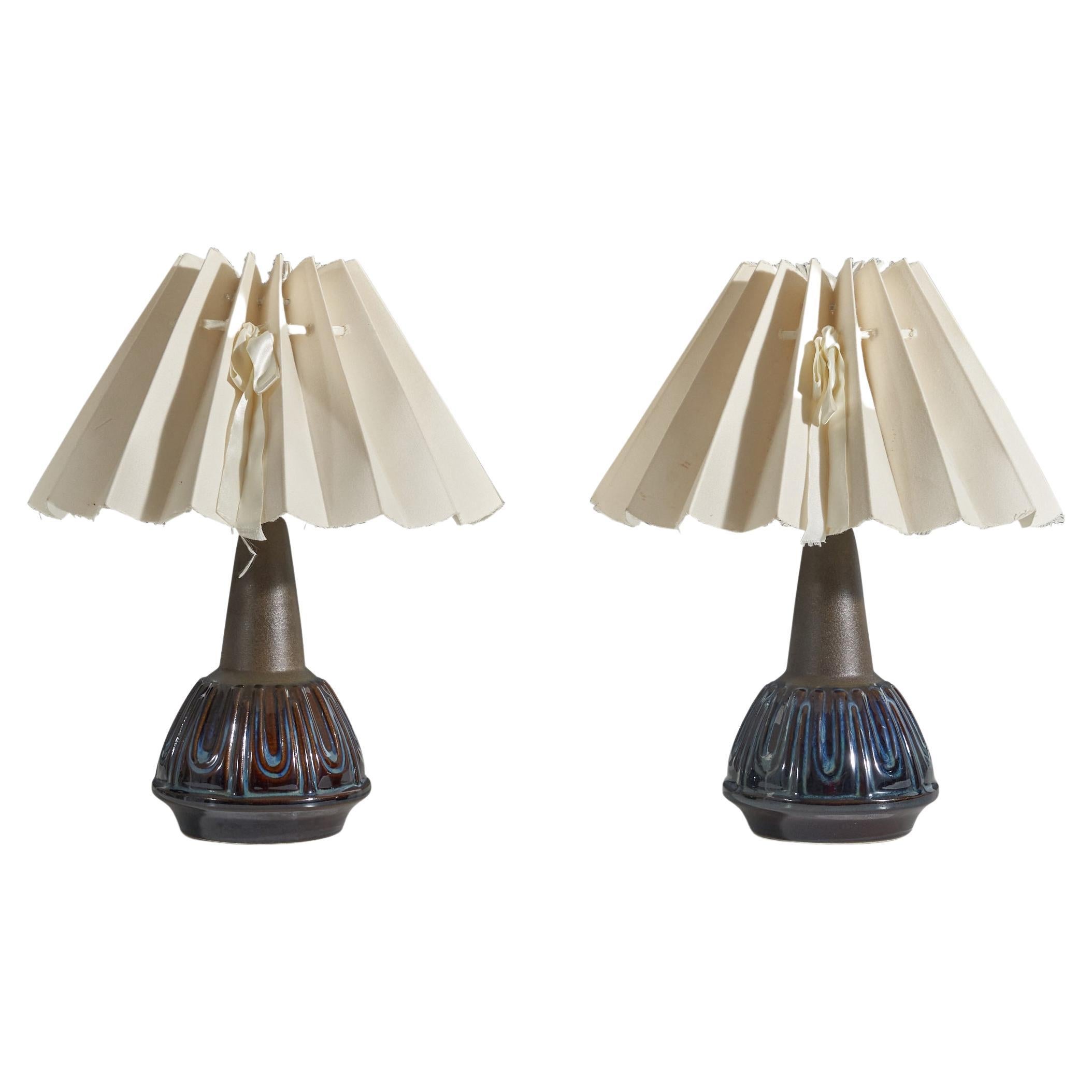 Søholm Stentøj, Table Lamps, Glazed Stoneware, Fabric, Bornholm, Denmark, 1960s For Sale
