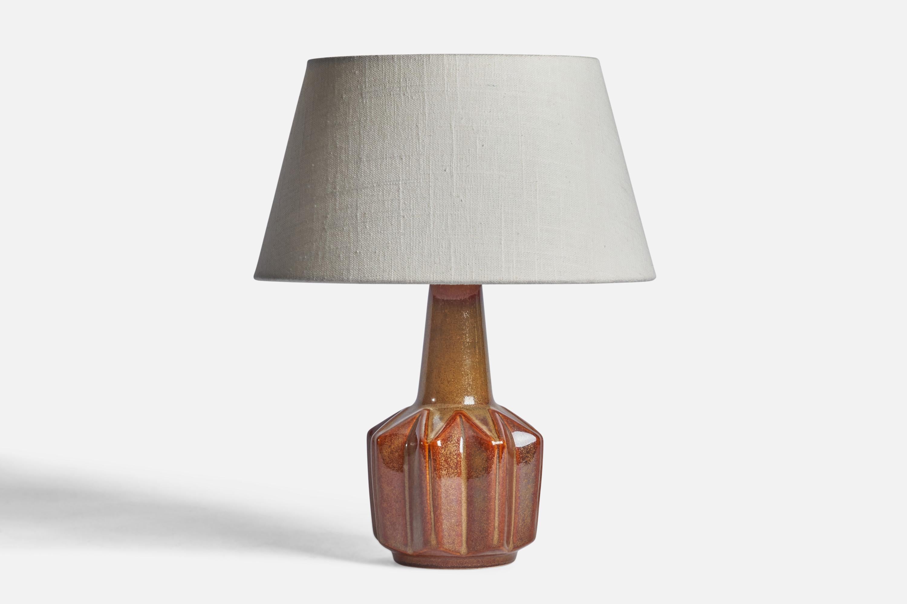 A brown-glazed stoneware table lamp designed and produced by Søholm, Bornholm, Denmark, 1960s.

Dimensions of Lamp (inches): 9.5” H x 4.25” Diameter
Dimensions of Shade (inches): 7” Top Diameter x 10” Bottom Diameter x 5.5” H 
Dimensions of Lamp