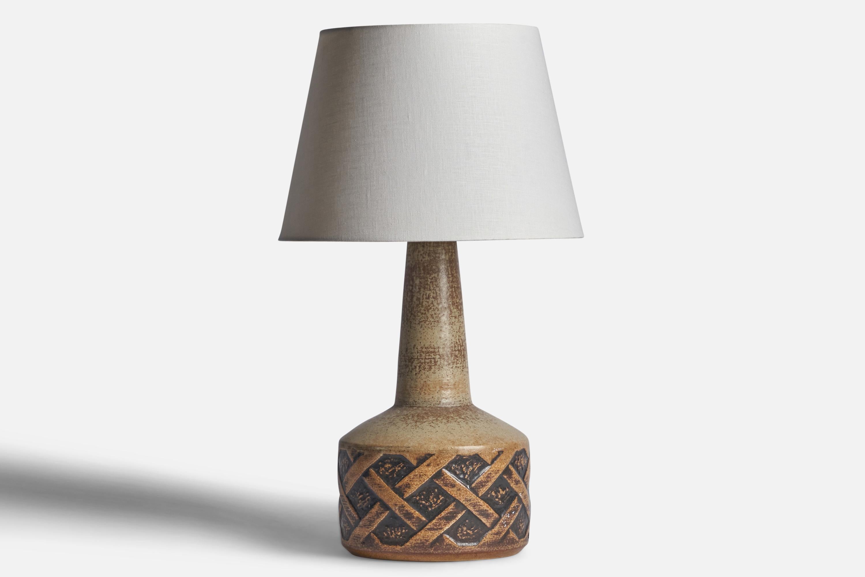 A sizeable brown grey and black-glazed stoneware table lamp designed and produced by Søholm, Denmark, 1960s.

Dimensions of Lamp (inches): 20” H x 8.75” Diameter
Dimensions of Shade (inches): 4.5” Top Diameter x 15.75” Bottom Diameter x 9”