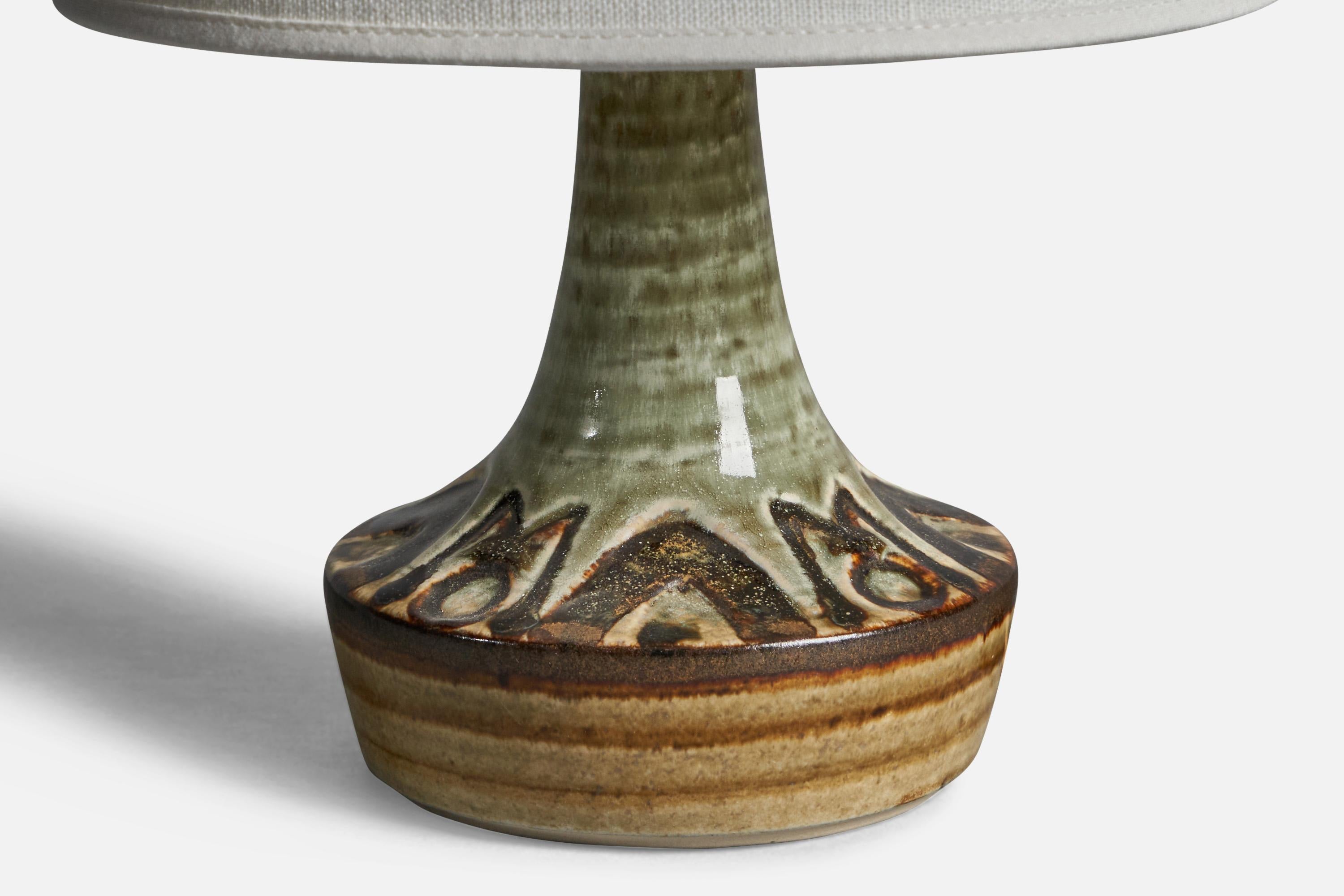A green-glazed stoneware table lamp designed and produced by  Søholm, Bornholm, Denmark, 1960s.

Dimensions of Lamp (inches): 7.75