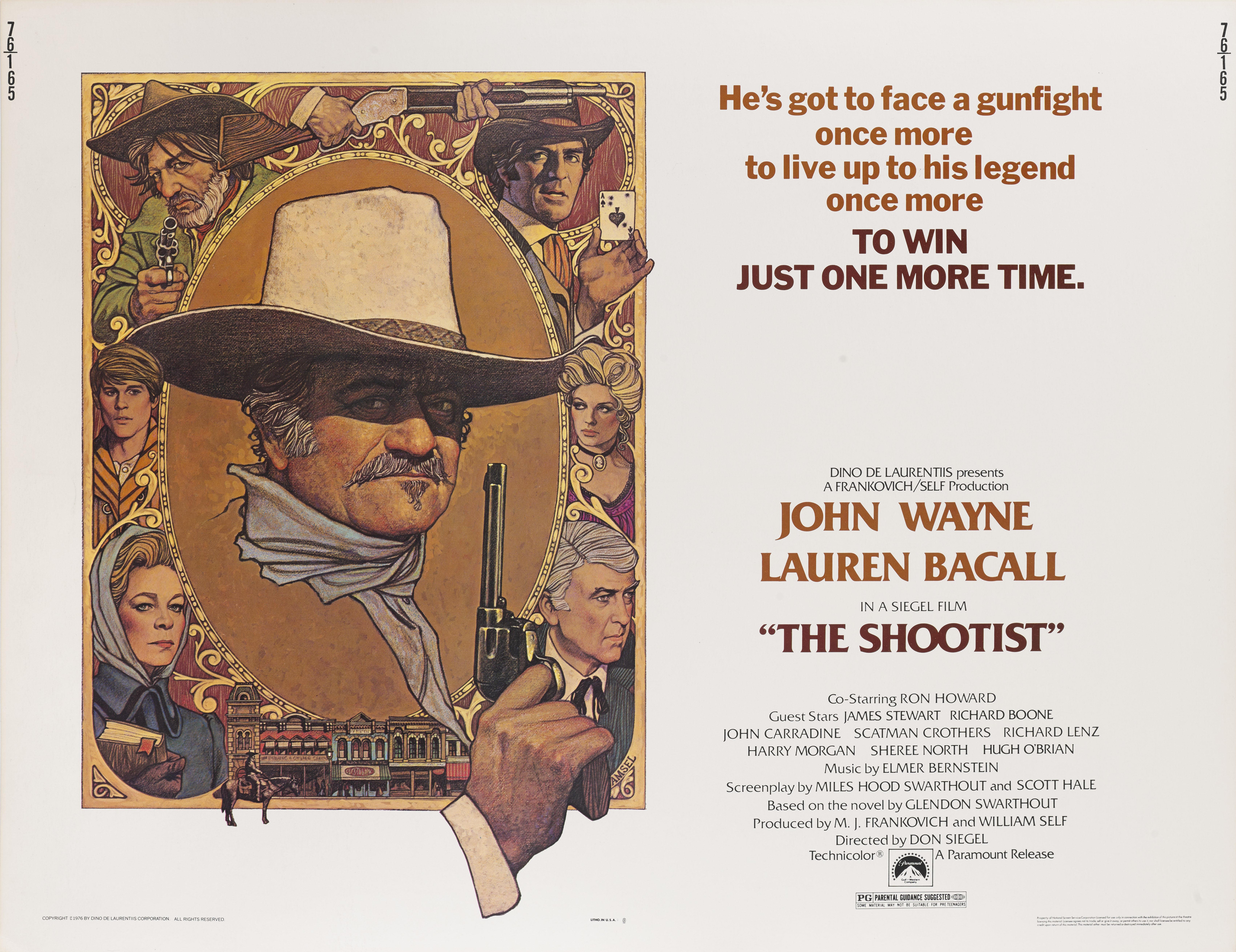 Original US-Filmplakat für John Waynes letzten Film The Shootist 1976.
Die Illustrationen stammen von dem hochgelobten Illustrator Richard Amsel (1947-1985).
Bei dem Film führte Don Siegel Regie.

Es wurden weit weniger Plakate dieser Größe