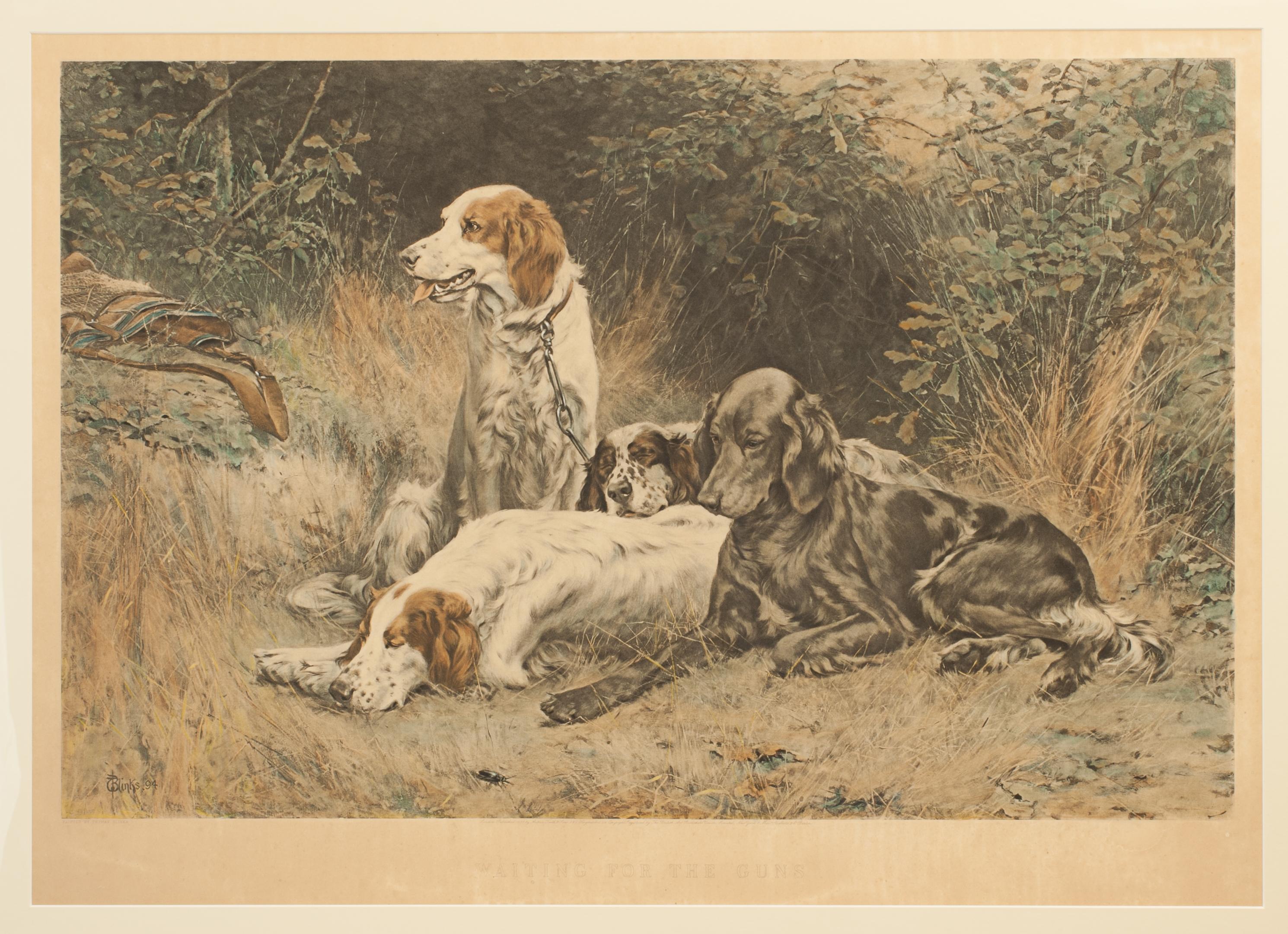 Thomas Blinks Photogravure, Waiting For The Guns.
A wonderful titled colour photogravure of four hunting dogs, setters, after Thomas Blinks original painting, Waiting For The Guns. Framed and mounted in a modern wooden frame with gold slip.