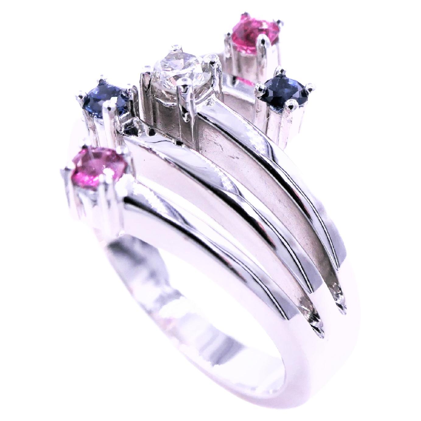 Women's or Men's Shooting Stars Blue Pink Sapphire Diamond 14 Karat White Gold Cocktail Wave Ring For Sale