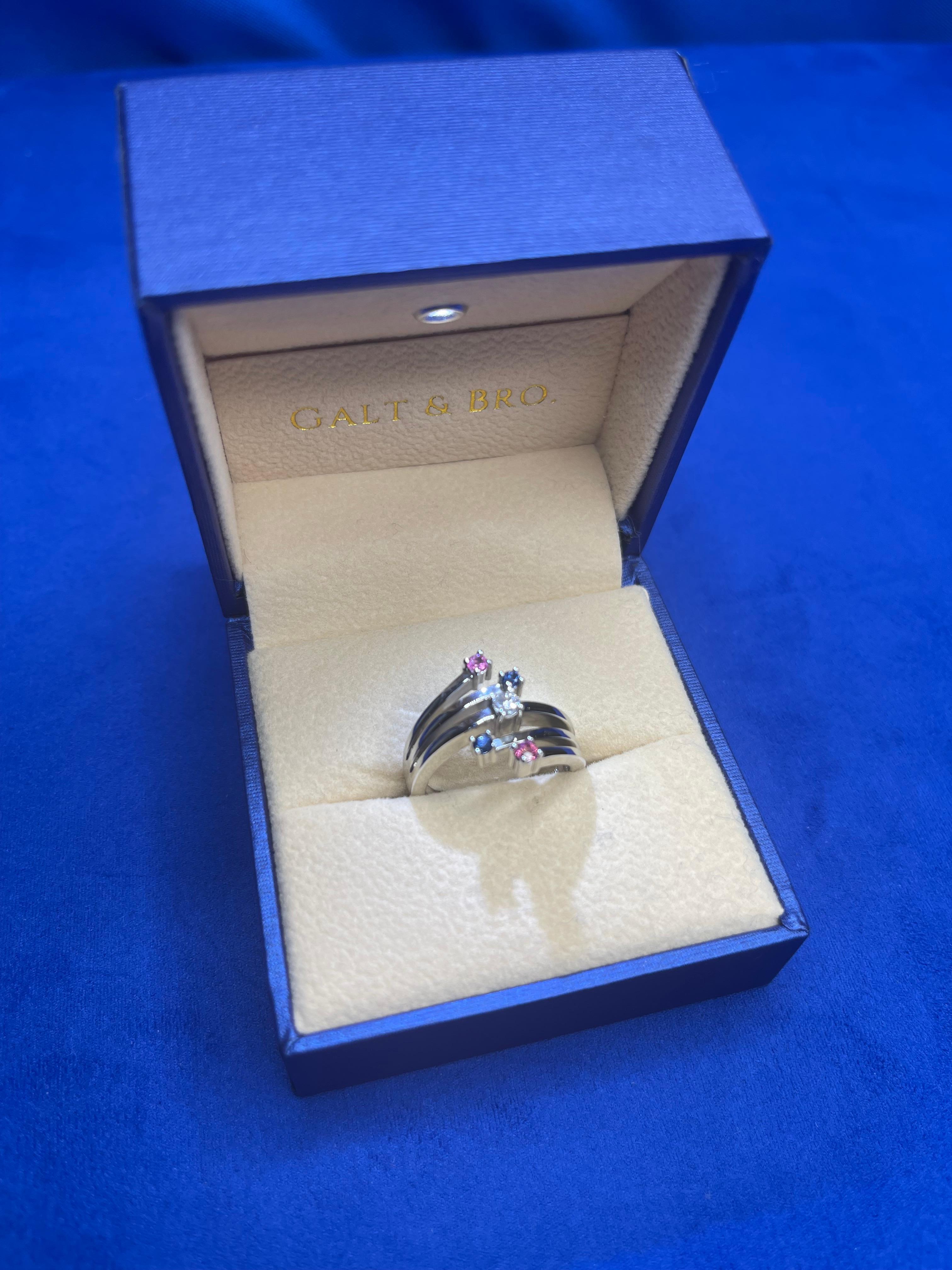 Shooting Stars Blue Pink Sapphire Diamond 14 Karat White Gold Cocktail Wave Ring For Sale 2