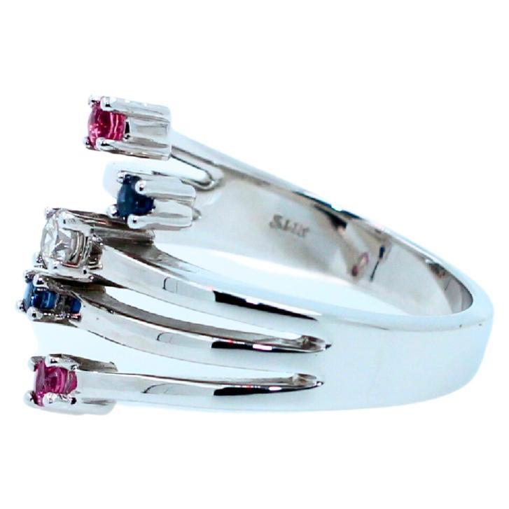 Round Cut Shooting Stars Blue Pink Sapphire Diamond 14 Karat White Gold Cocktail Wave Ring For Sale
