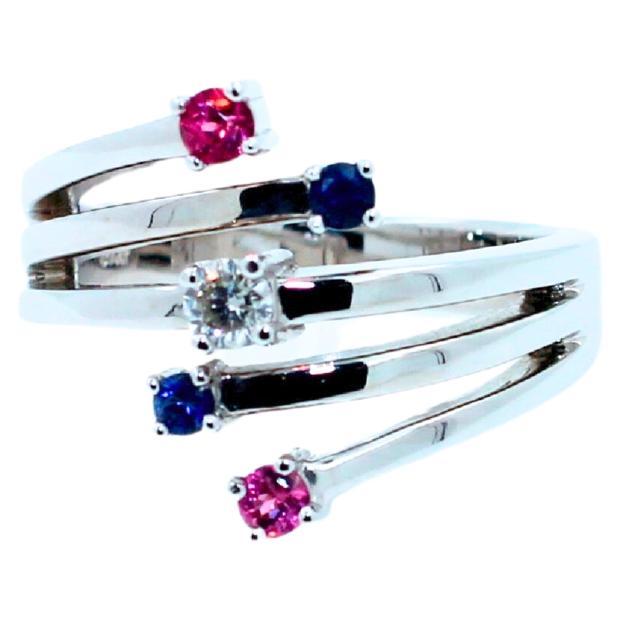 Shooting Stars 14 Karat Weißgold Cocktail- Wave-Ring mit blauem, rosa Saphir und Diamant im Angebot