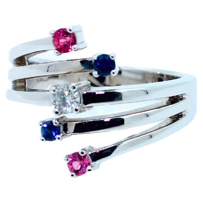 0.40 CT Sapphires & Rubellites 
0.20 CT Diamonds
14K White Gold
Size 7 - Resizable Upon Request