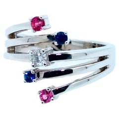 Shooting Stars Blue Pink Sapphire Diamond 14 Karat White Gold Cocktail Wave Ring
