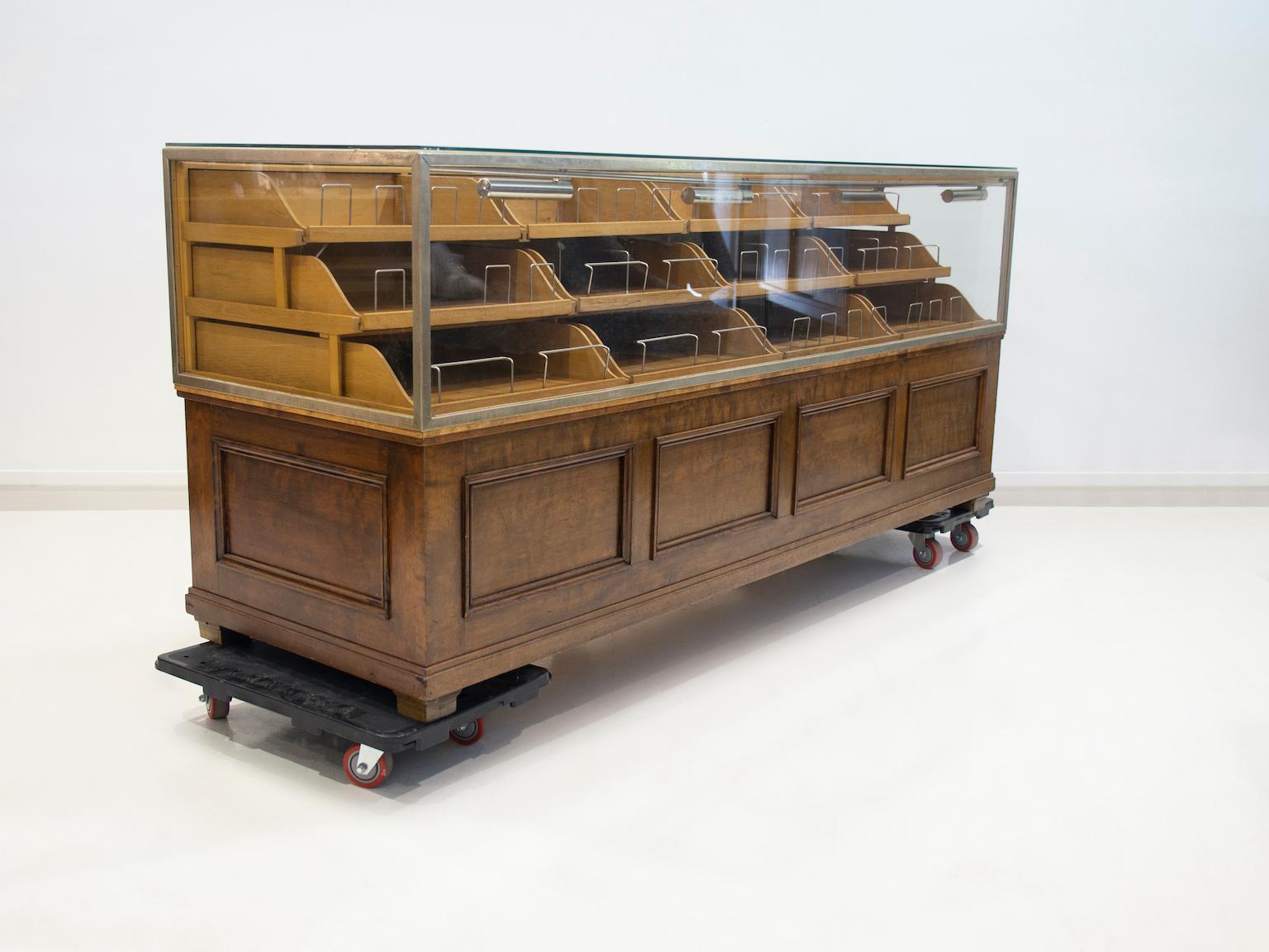 Brass Shop Counter of Birch and Oak Wood with Twenty Drawers, 1940's For Sale