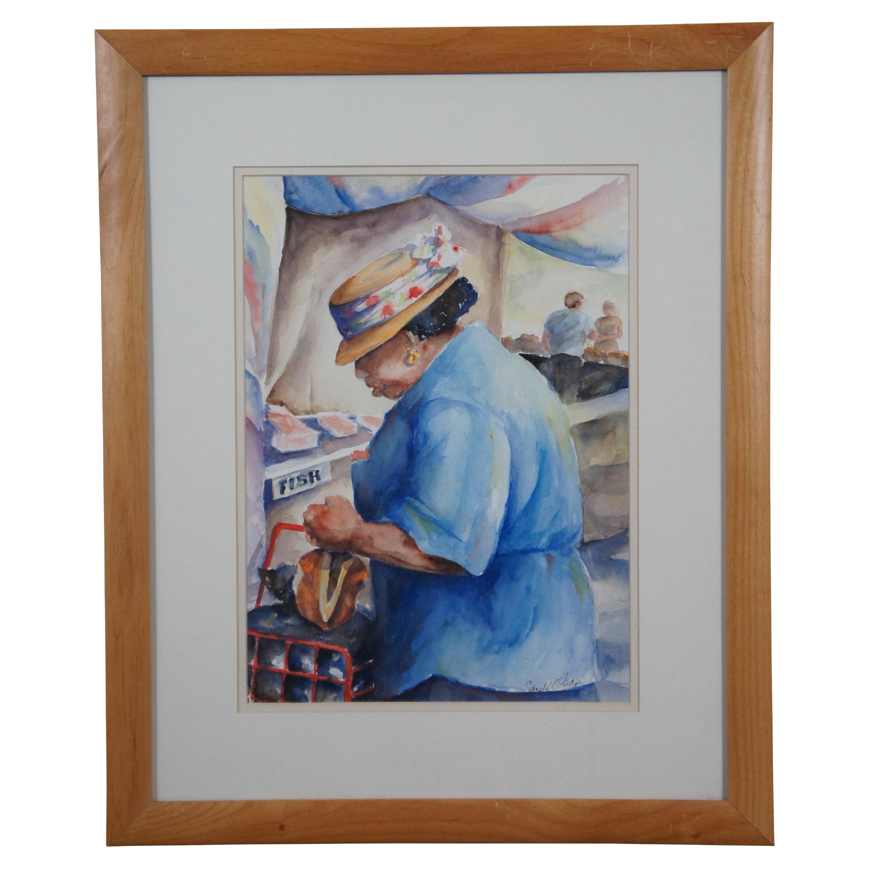 Shopping at Haymarket Square by Sandi Olson Watercolor on Paper Boston Mass 22" For Sale