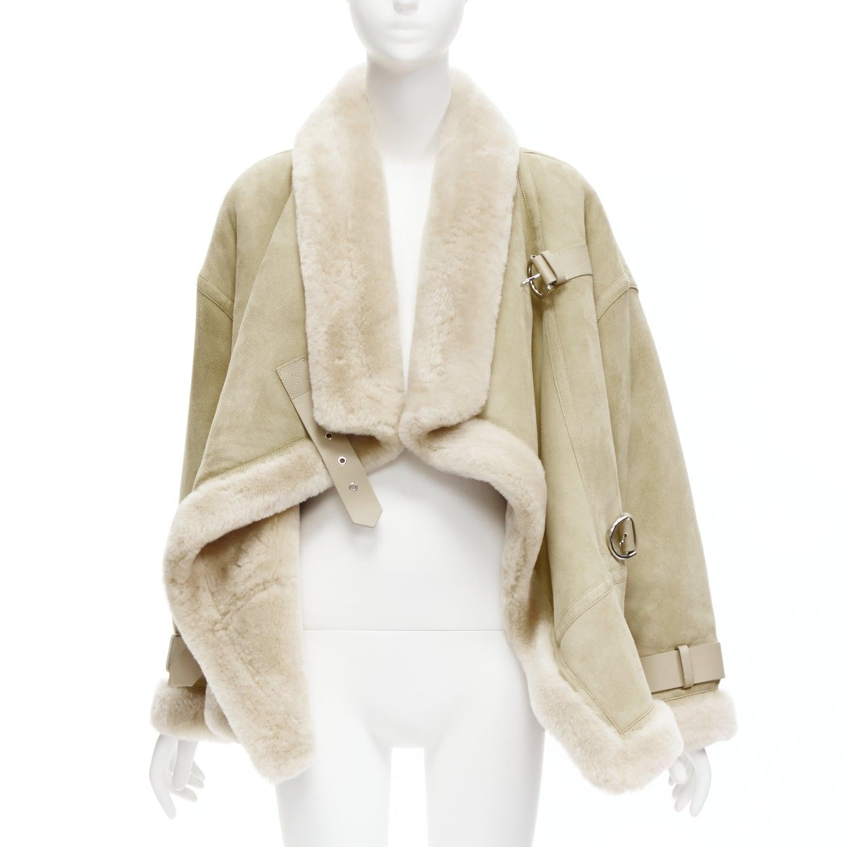 SHOREDITCH SKI CLUB Darling sheepskin suede shearling trim buckle wrap jacket XS In New Condition In Hong Kong, NT