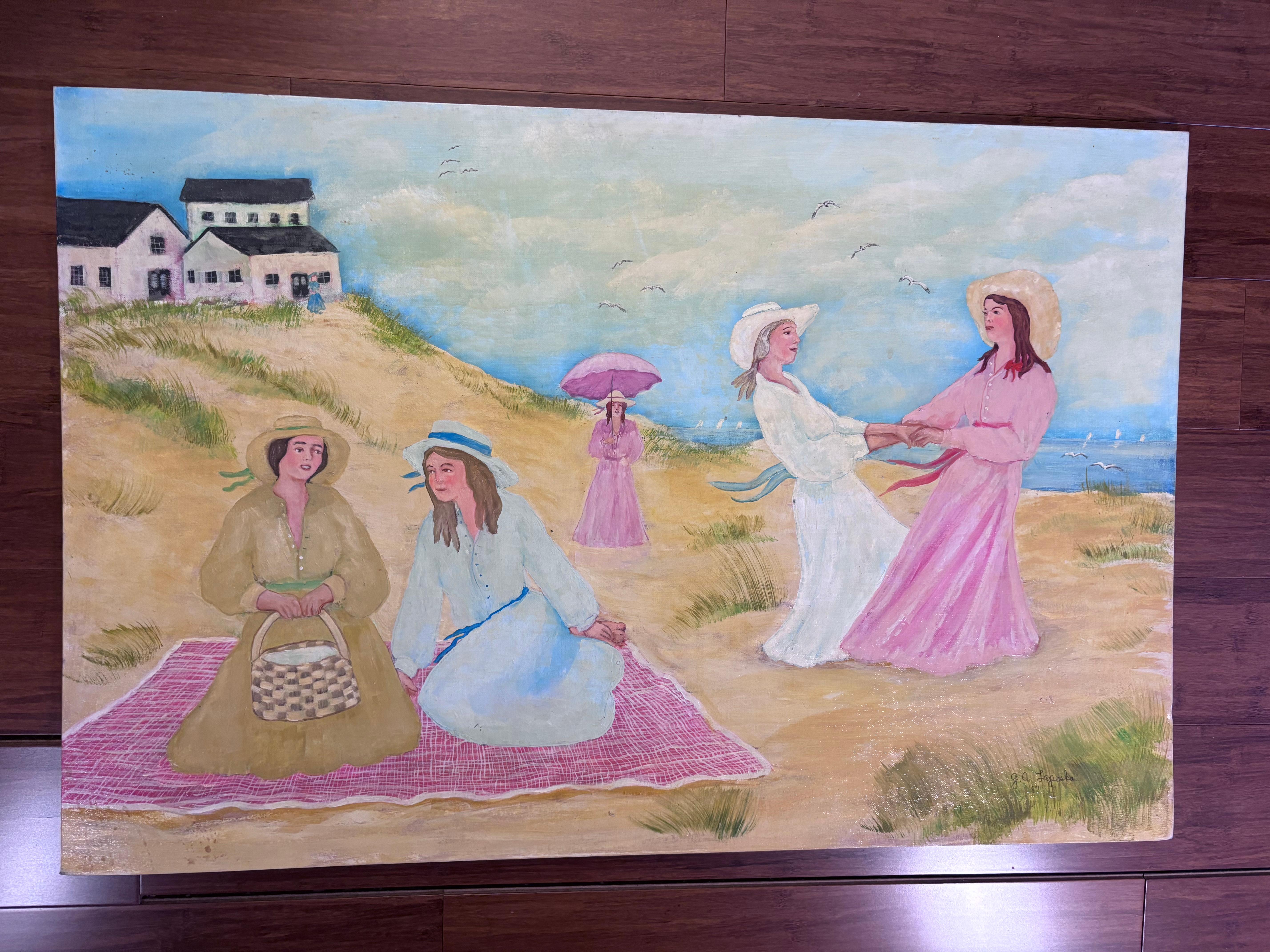 Shoreline Dance And Picnic Vibrant Colored Hand Painting

An   oil painting on  canvas panel by Self Taught Outsider Surrealist Folk Artist Gloria Antoinette Laposka (1922-2015)

Said Laposka: 