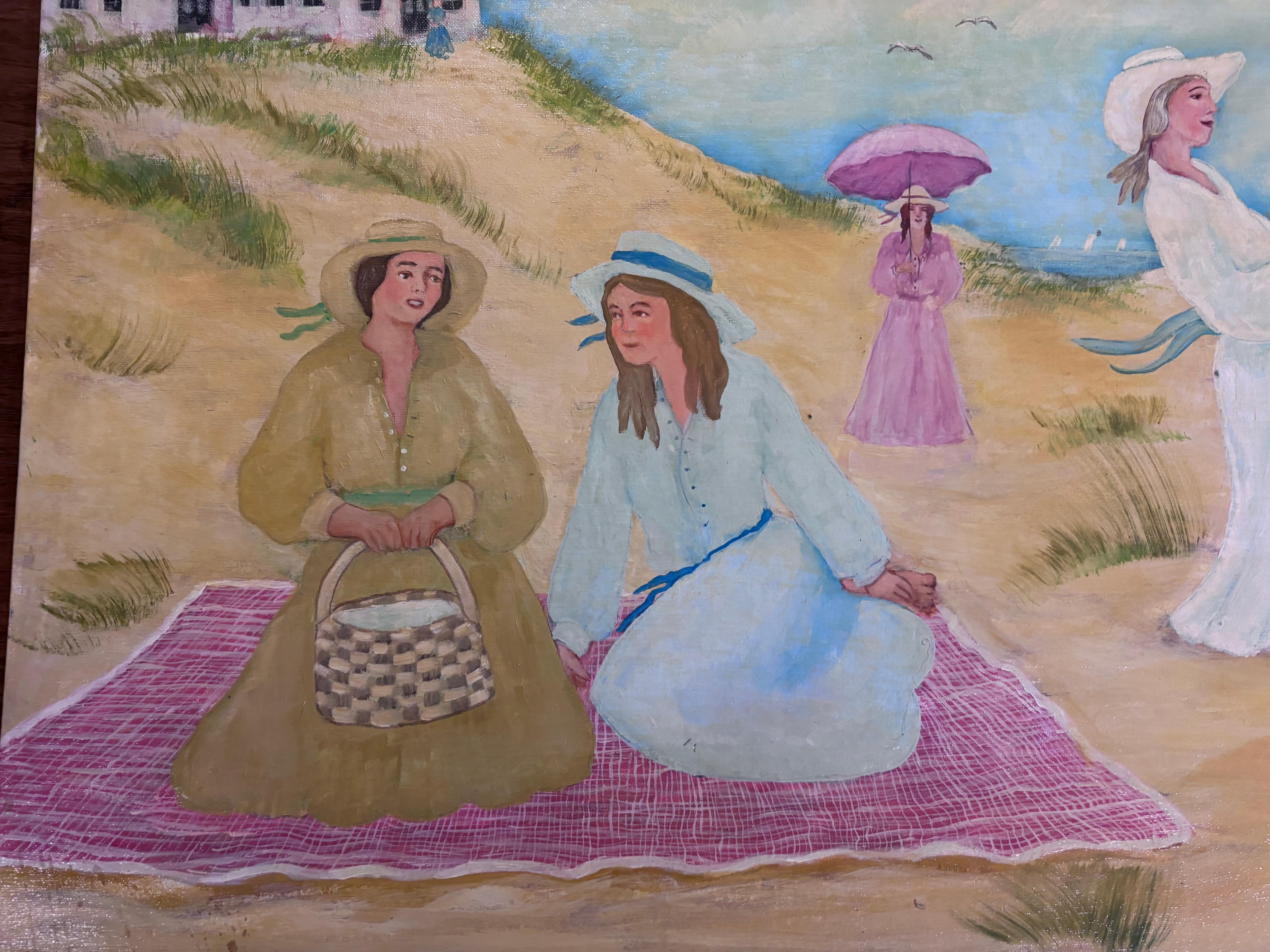 American Shoreline Dance Picnic Painting Self Taught Outsider Folk Artist Gloria Laposka For Sale
